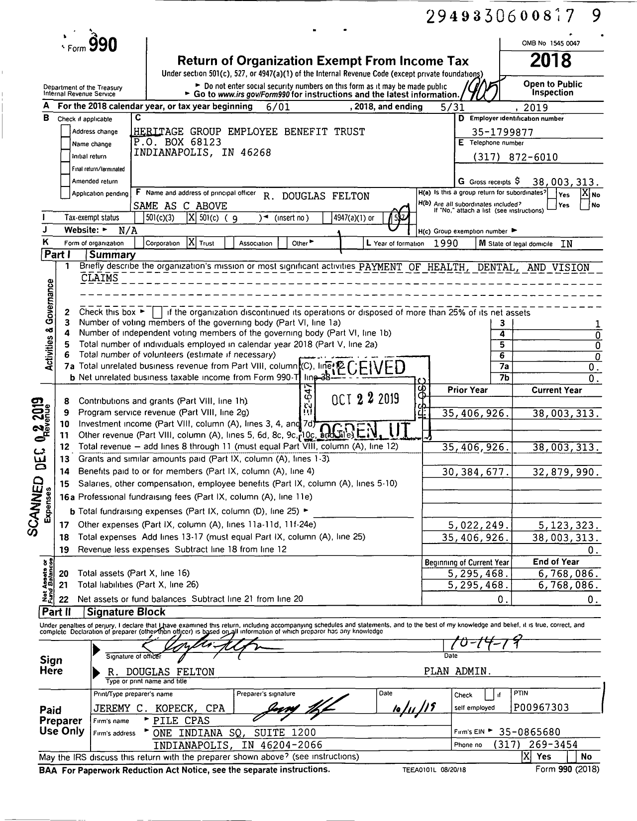 Image of first page of 2018 Form 990O for Heritage Group Employee Benefit Trust