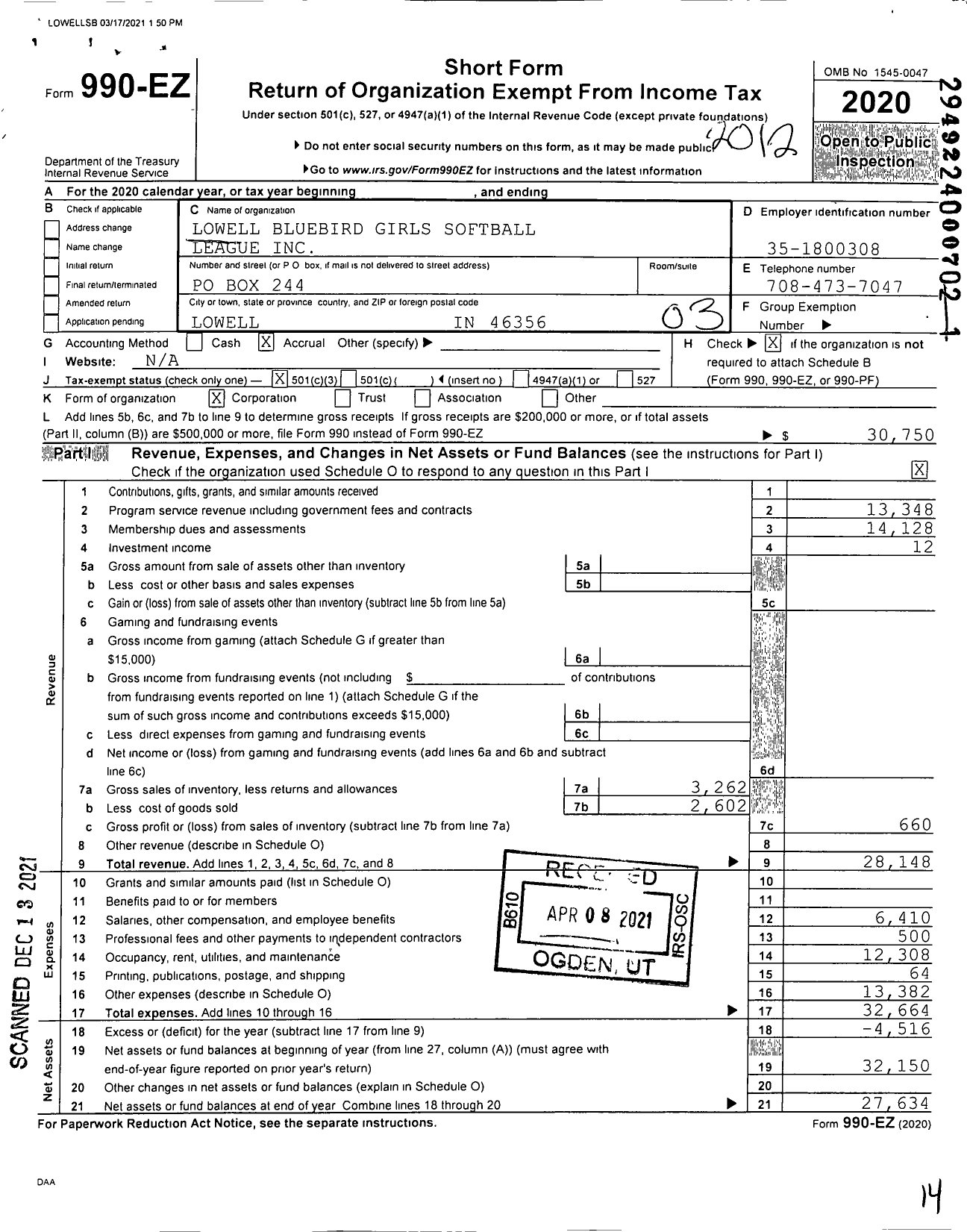 Image of first page of 2020 Form 990EZ for Lowell Bluebird Girls Softball League