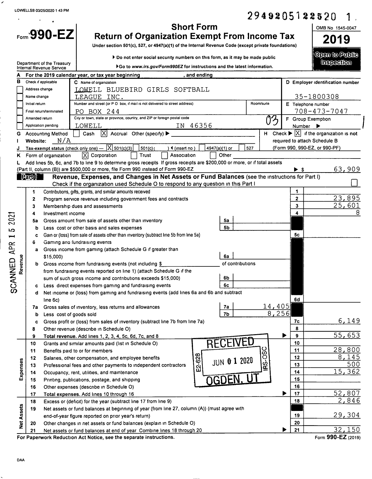 Image of first page of 2019 Form 990EZ for Lowell Bluebird Girls Softball League