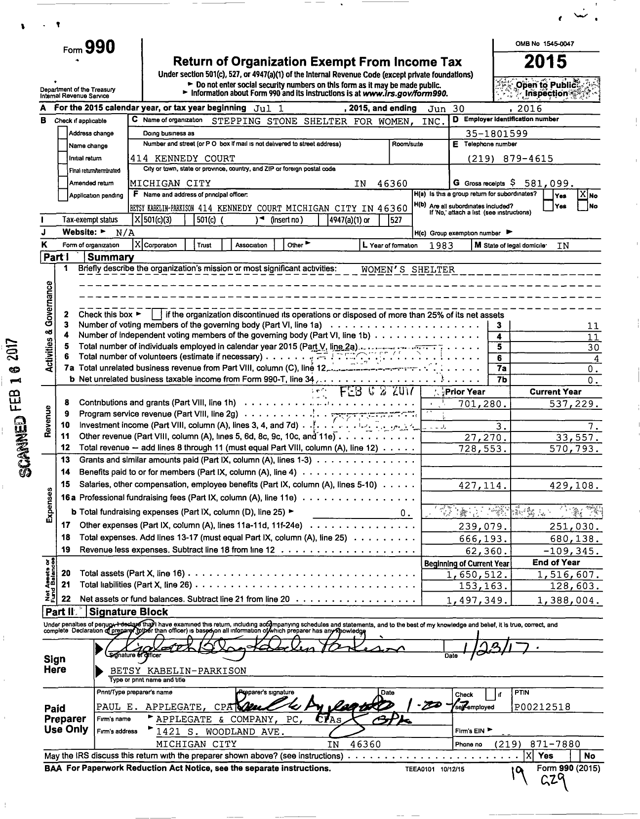 Image of first page of 2015 Form 990 for Stepping Stone Shelter for Women