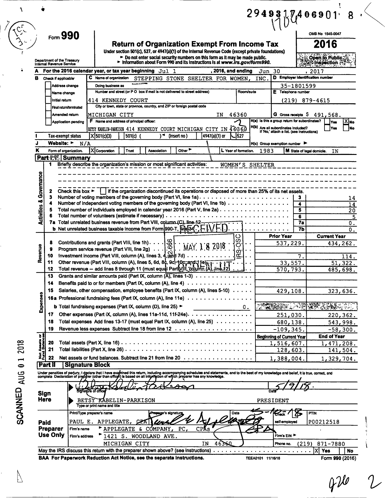 Image of first page of 2016 Form 990 for Stepping Stone Shelter for Women