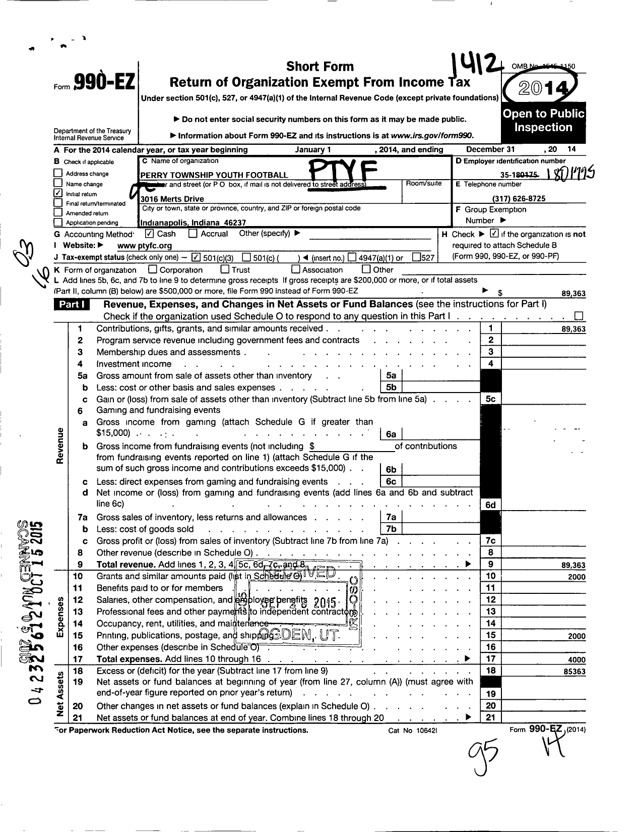 Image of first page of 2014 Form 990EZ for Perry Township Youth Football