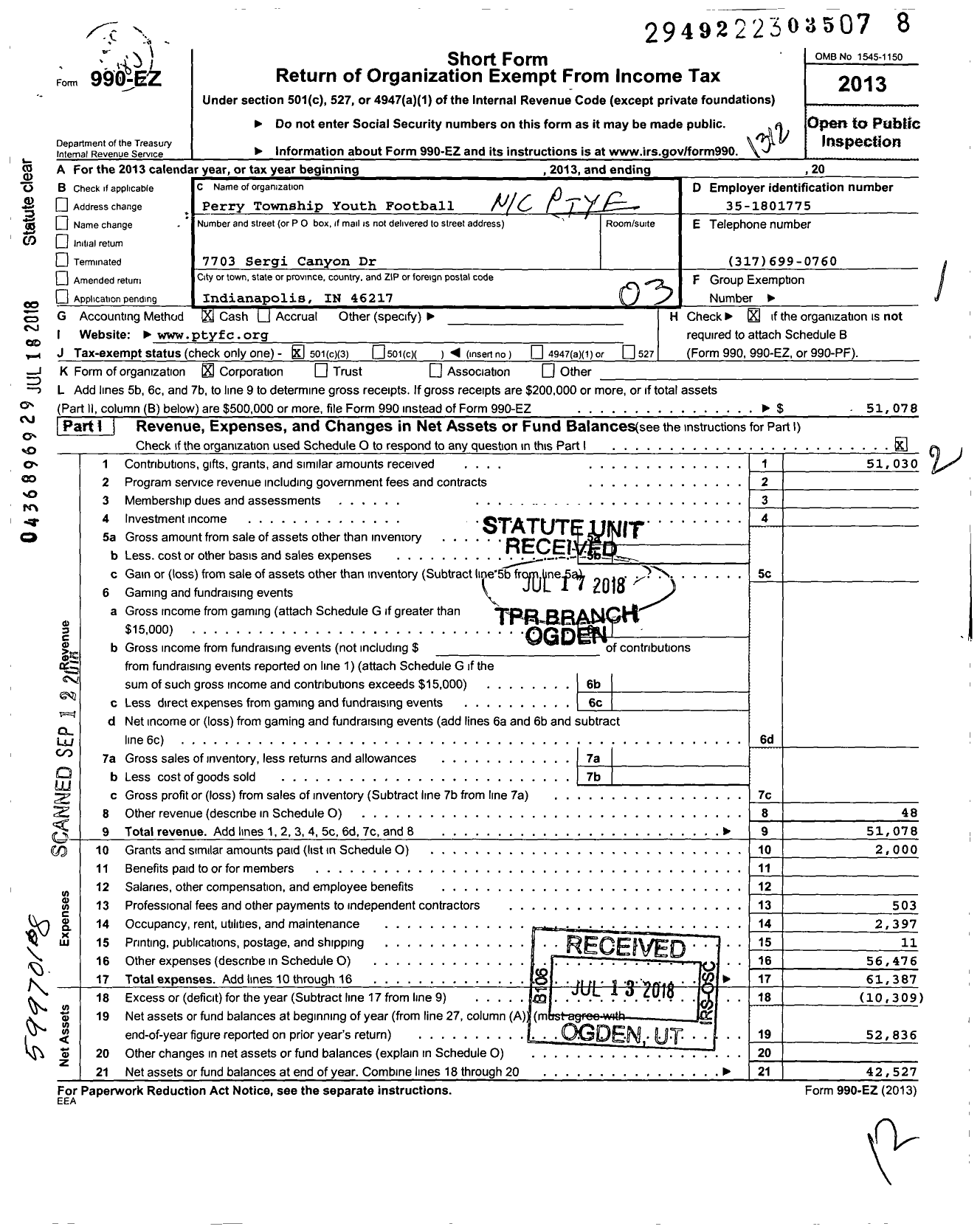 Image of first page of 2013 Form 990EZ for Perry Township Youth Football