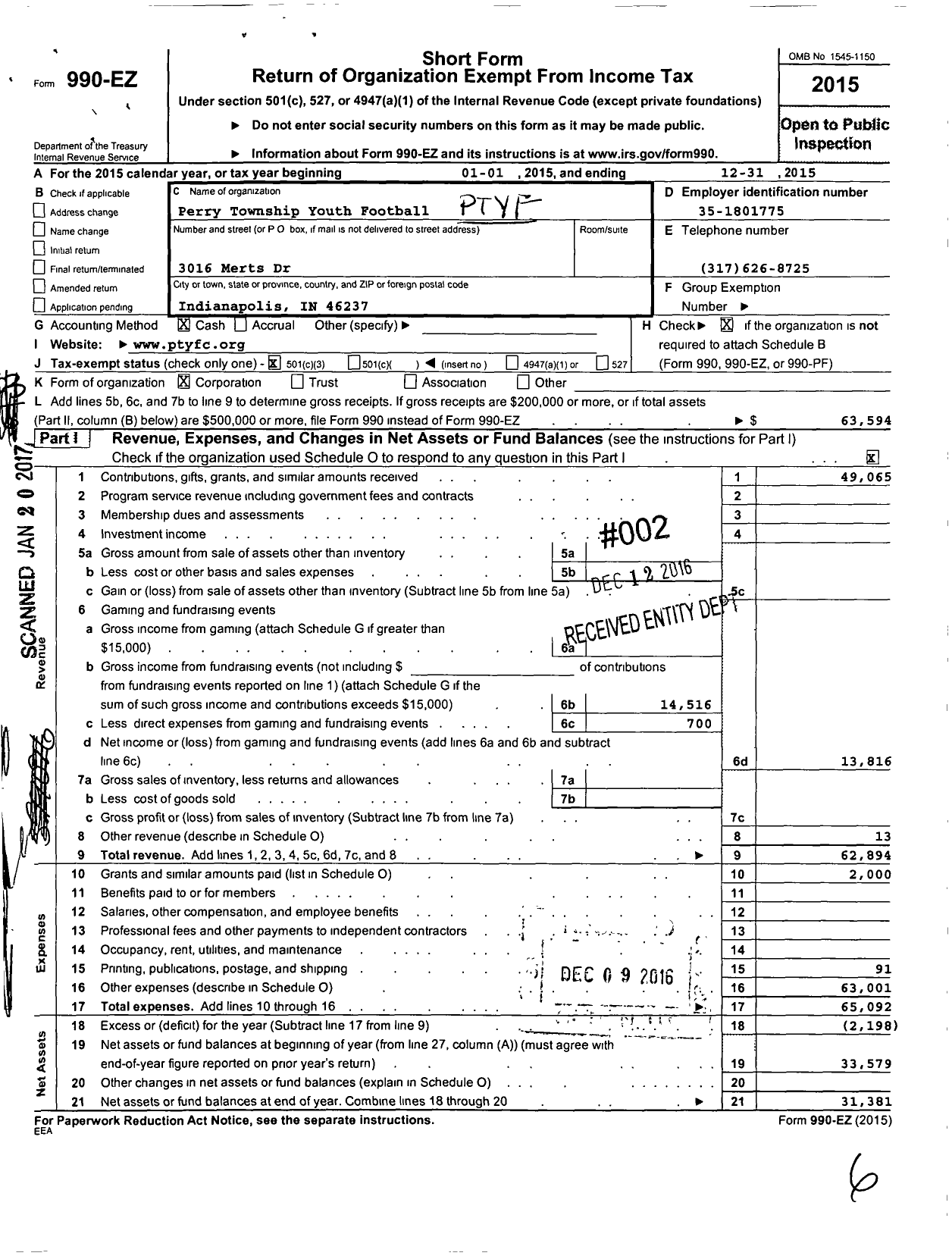 Image of first page of 2015 Form 990EZ for Perry Township Youth Football