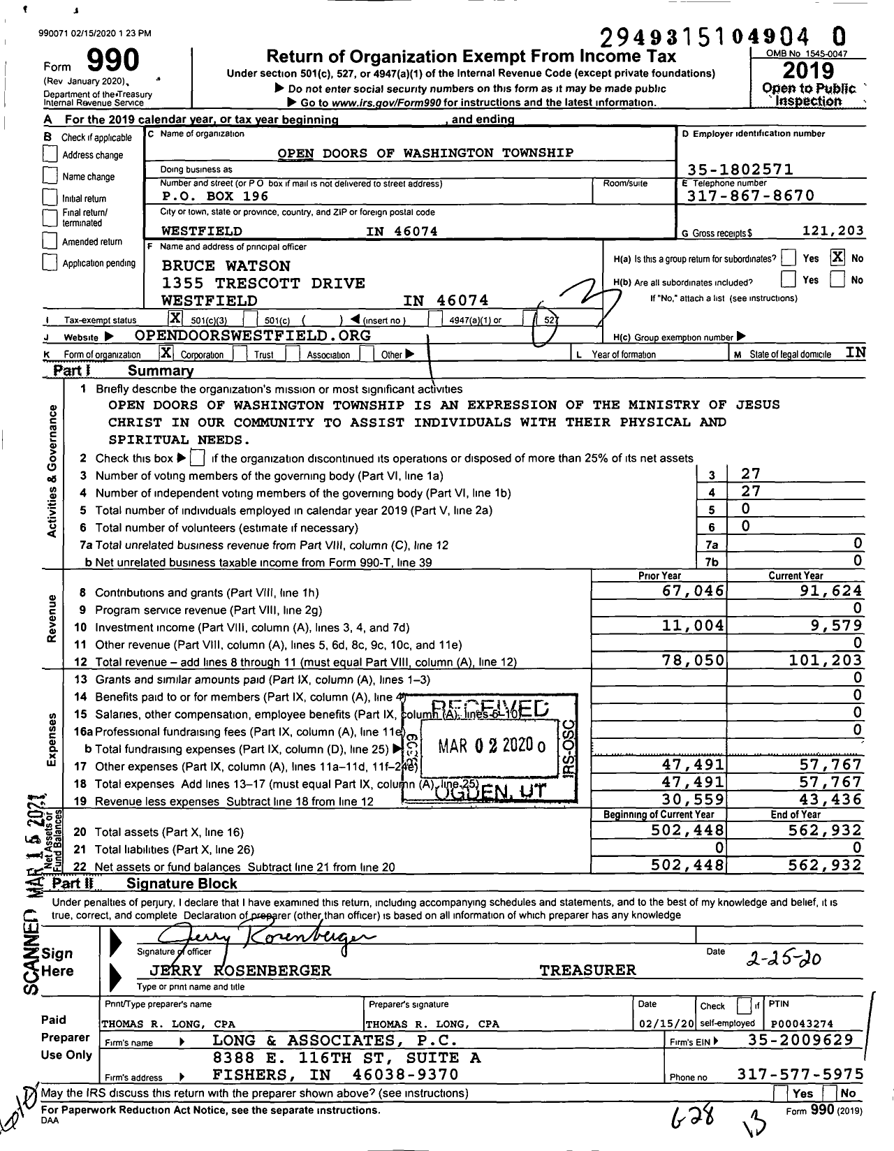 Image of first page of 2019 Form 990 for Open Doors of Washington Township