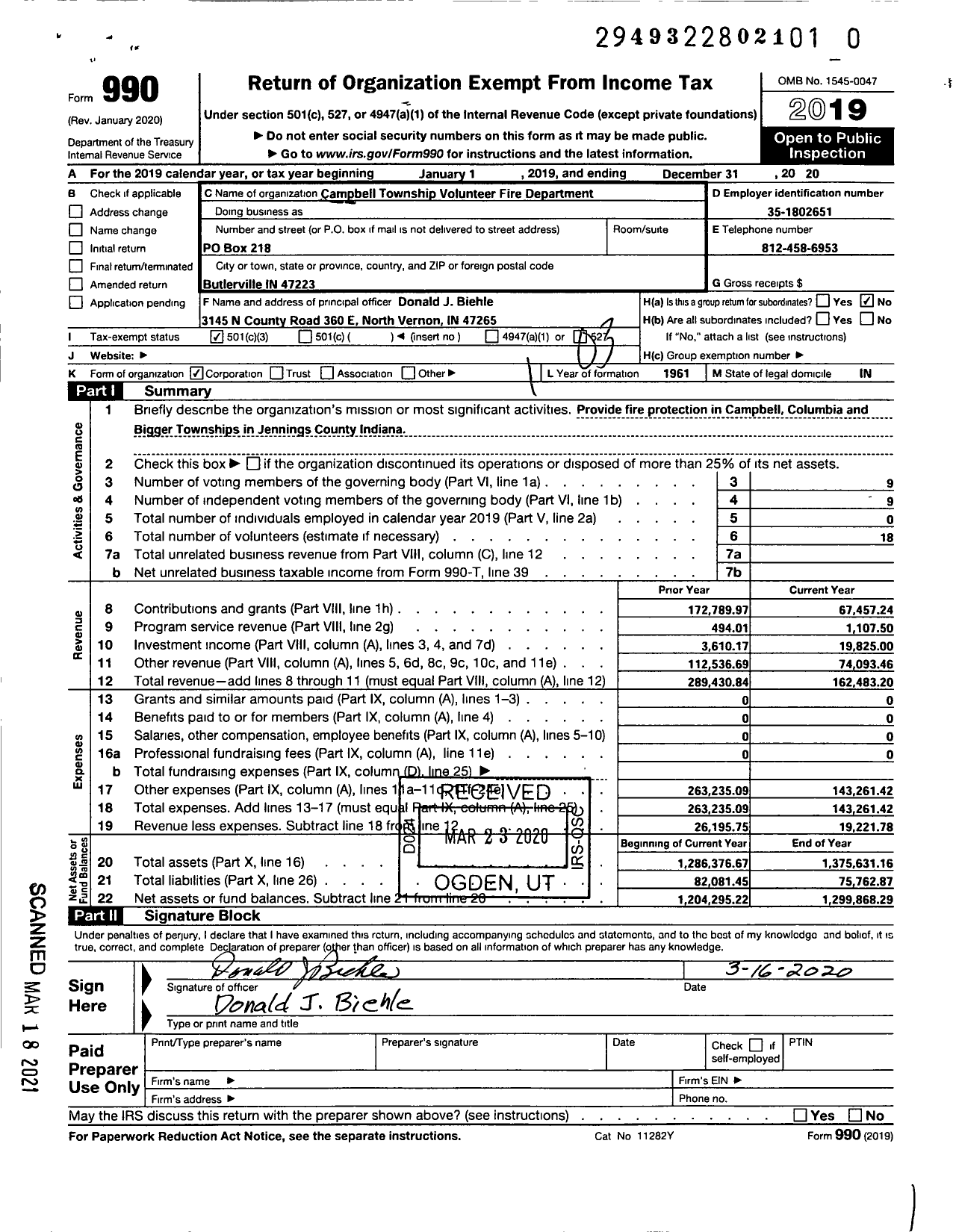 Image of first page of 2020 Form 990 for Campbell Township Volunteer Fire Department