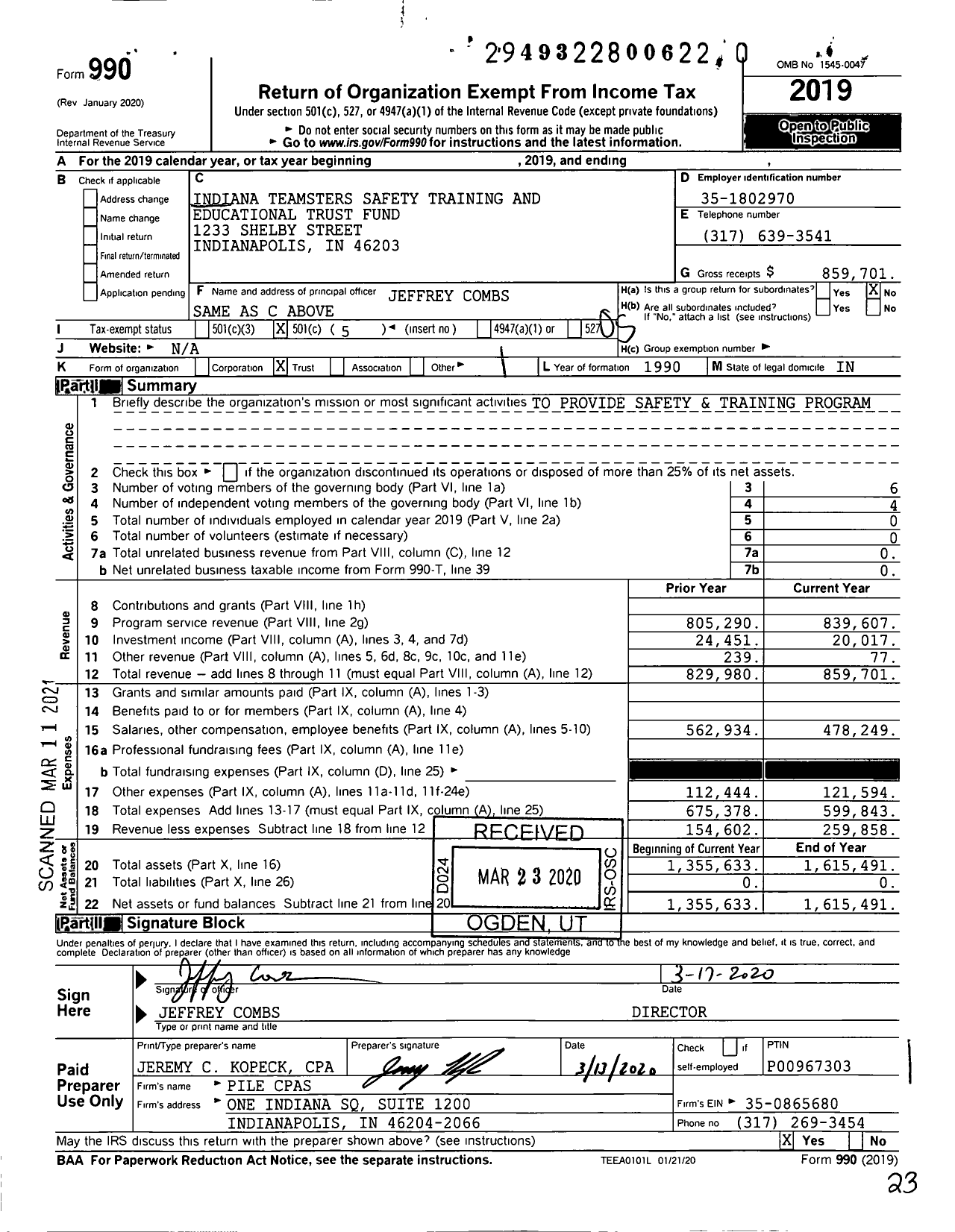 Image of first page of 2019 Form 990O for Indiana Teamsters Safety Training and Educational Trust Fund