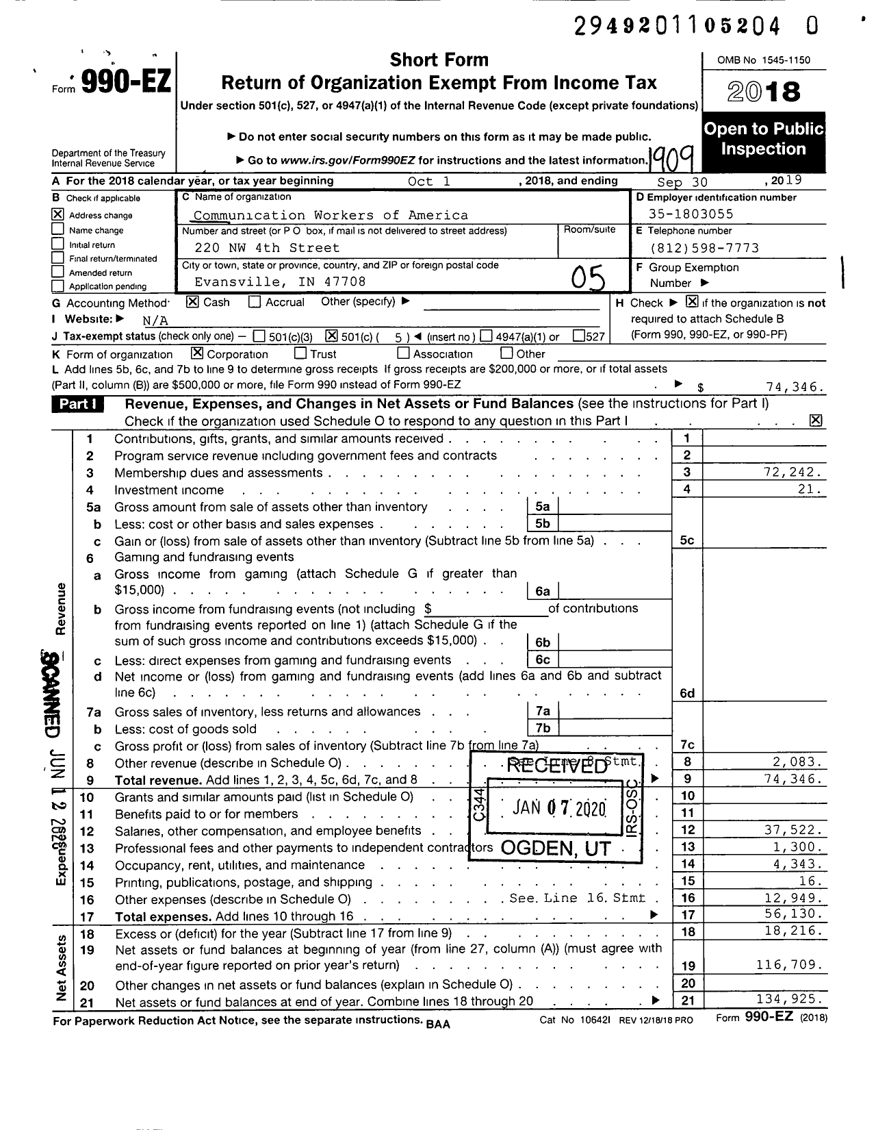 Image of first page of 2018 Form 990EO for Communications Workers of America - 4700 Local