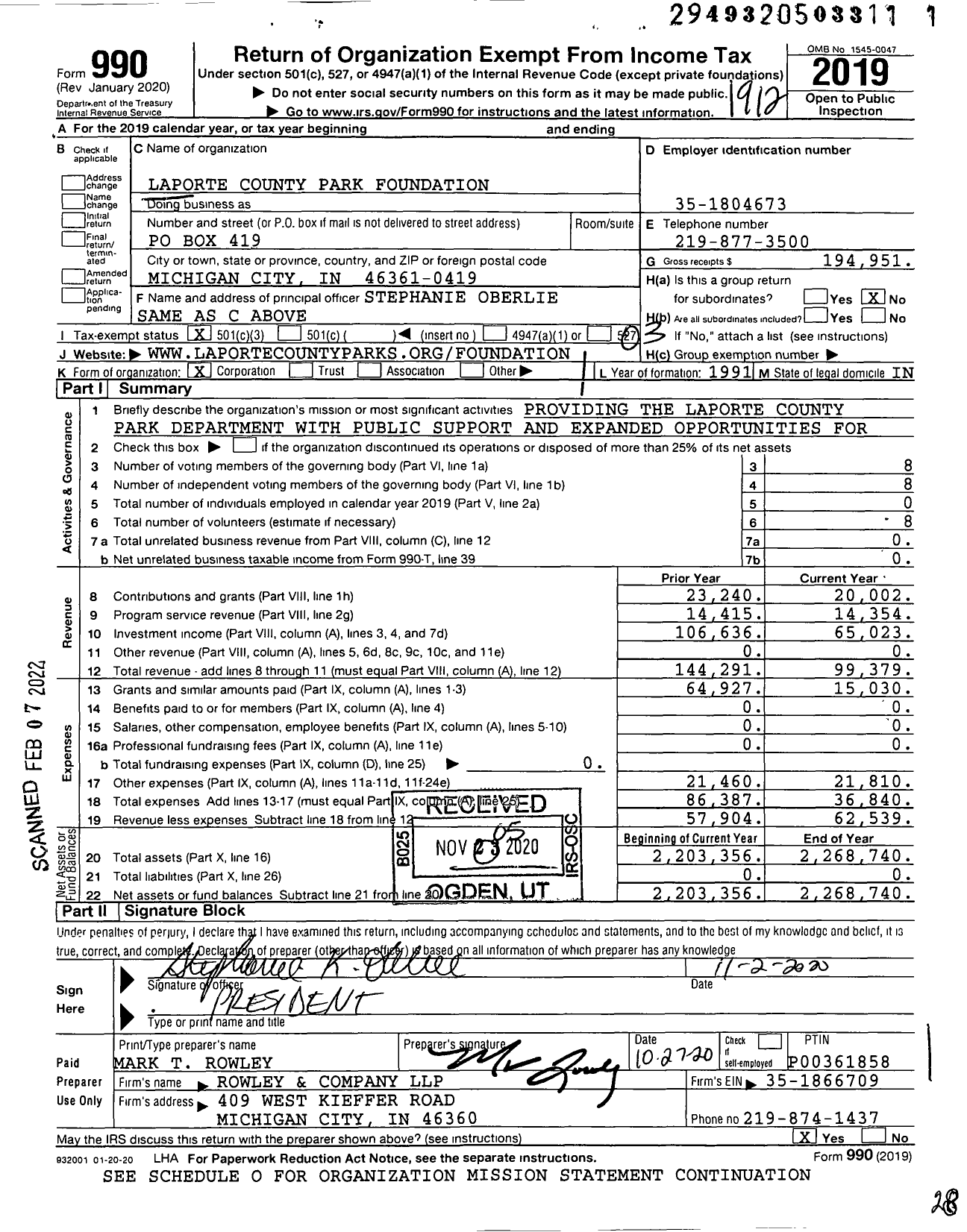 Image of first page of 2019 Form 990 for Laporte County Park Foundation