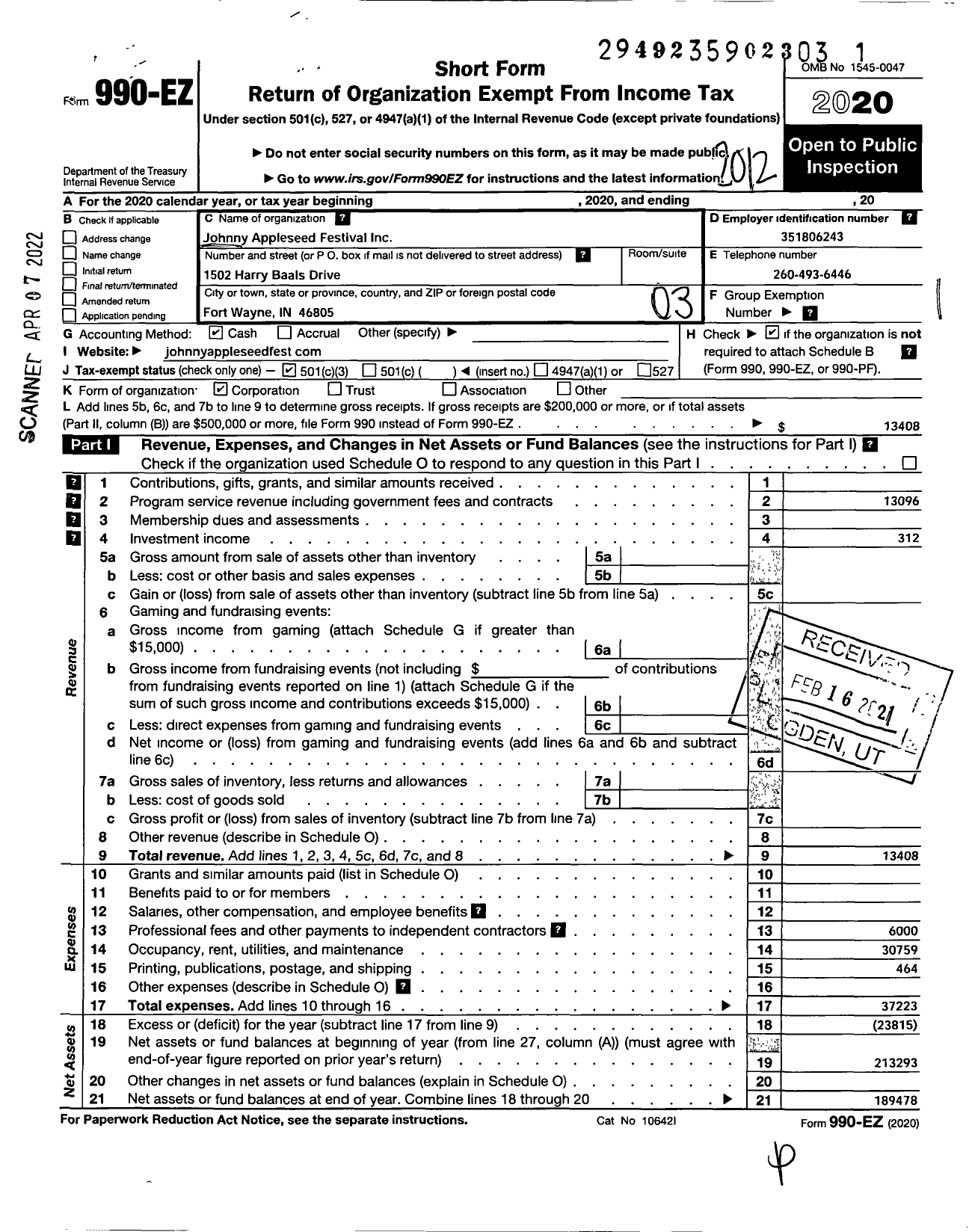 Image of first page of 2020 Form 990EZ for Johnny Appleseed Festival