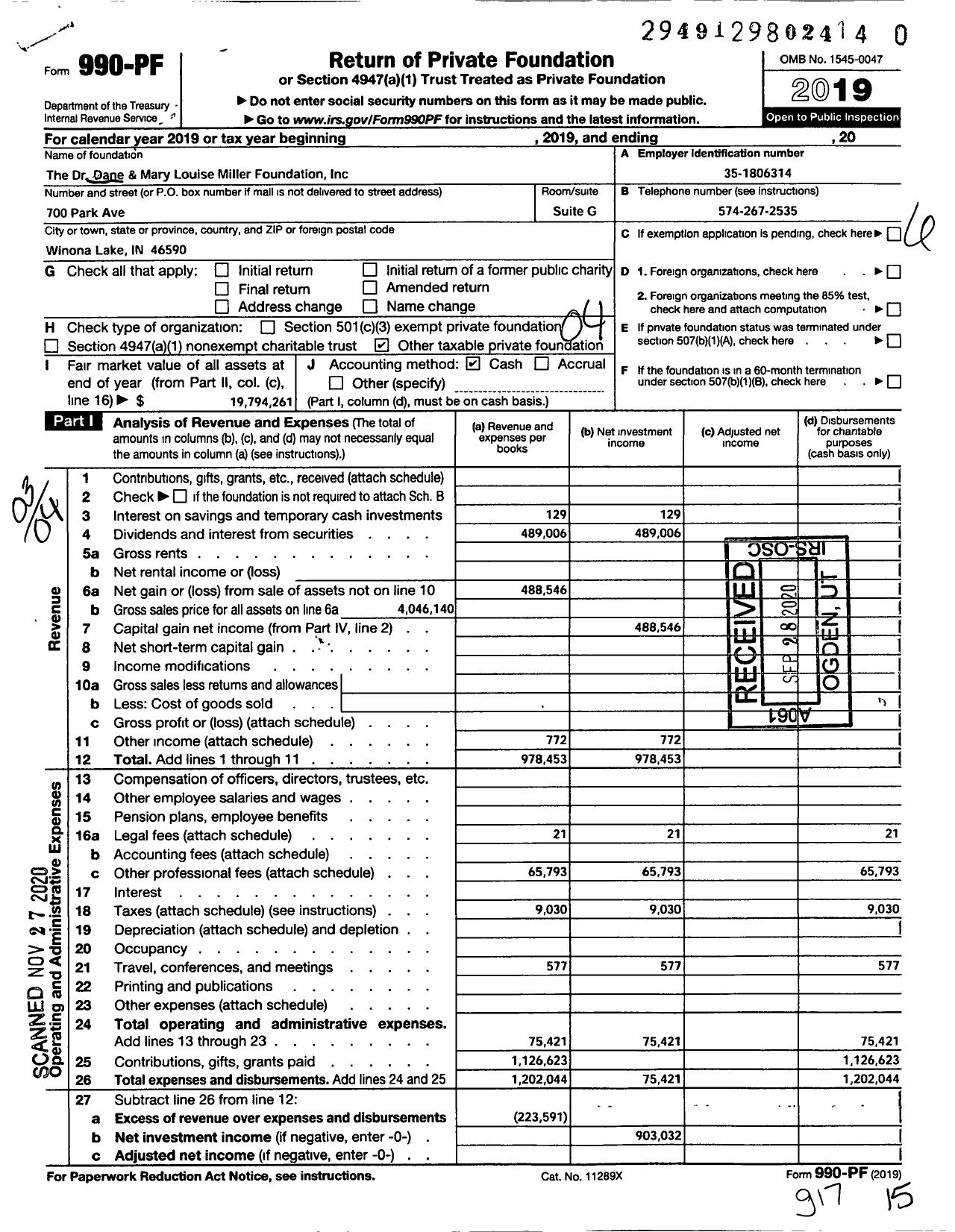 Image of first page of 2019 Form 990PF for The Dr Dane and Mary Louise Miller Foundation