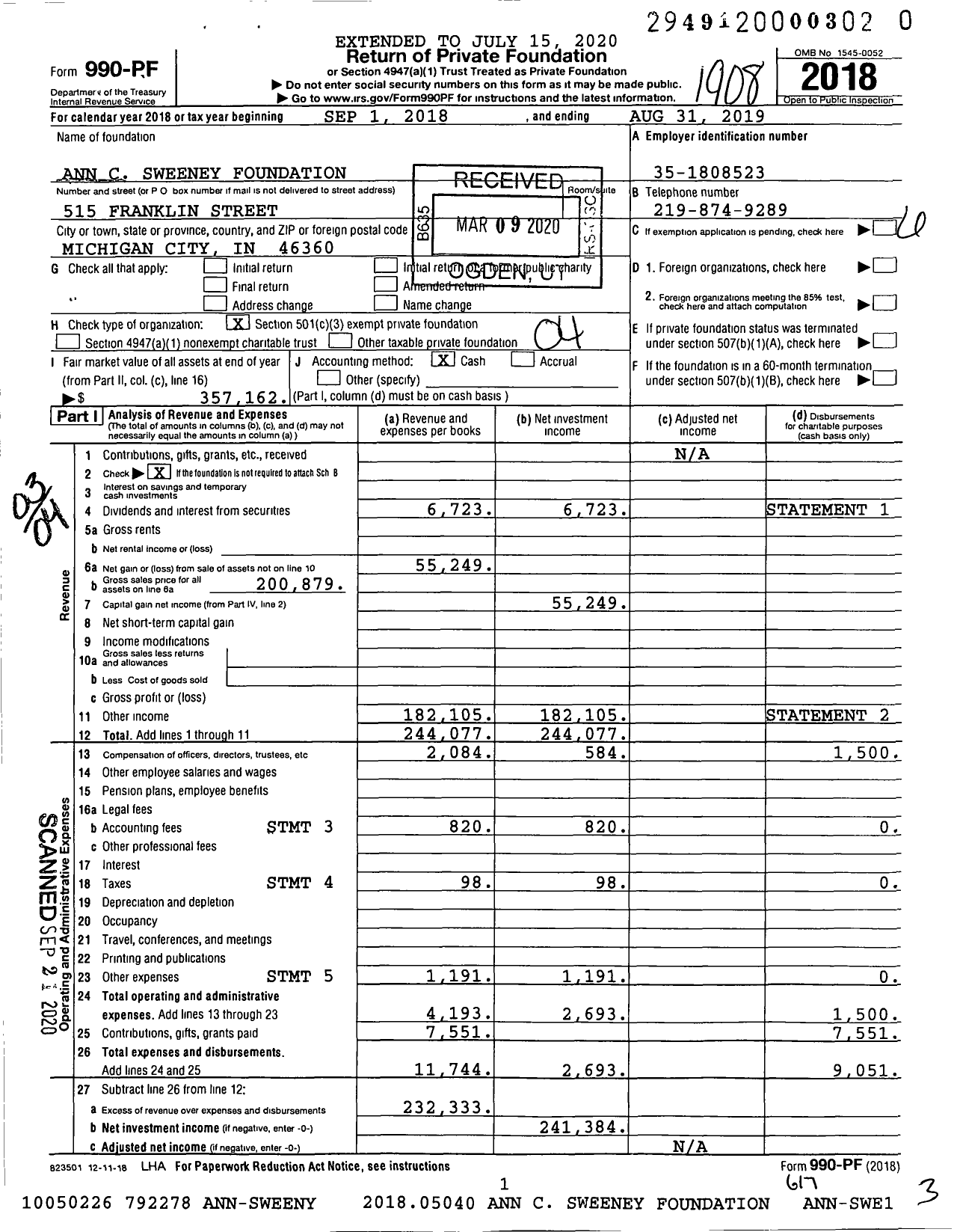 Image of first page of 2018 Form 990PR for Ann C Sweeney Charitable Trust