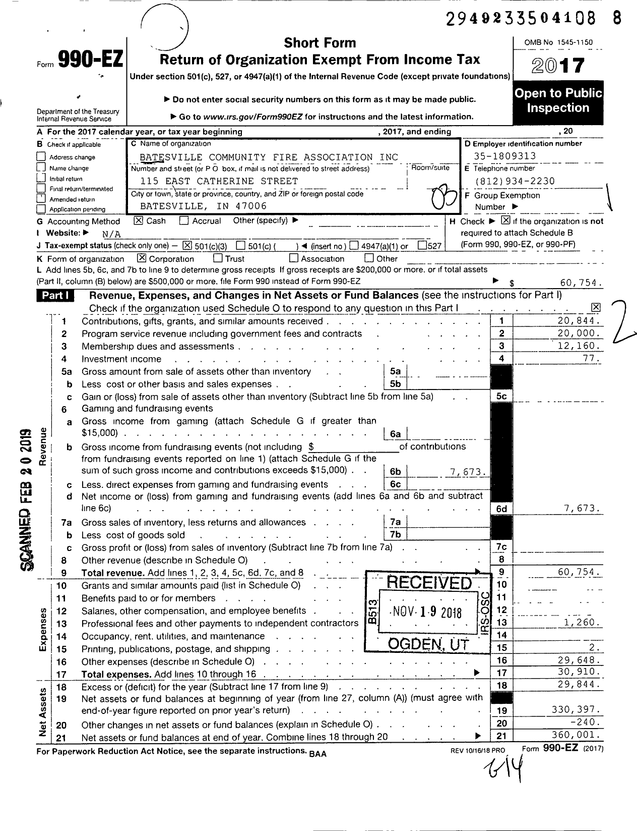 Image of first page of 2017 Form 990EZ for Batesville Community Fire Association