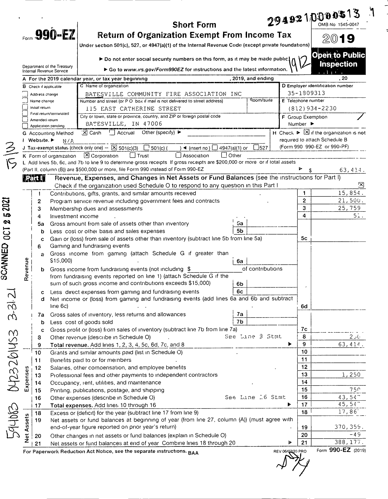 Image of first page of 2019 Form 990EZ for Batesville Community Fire Association