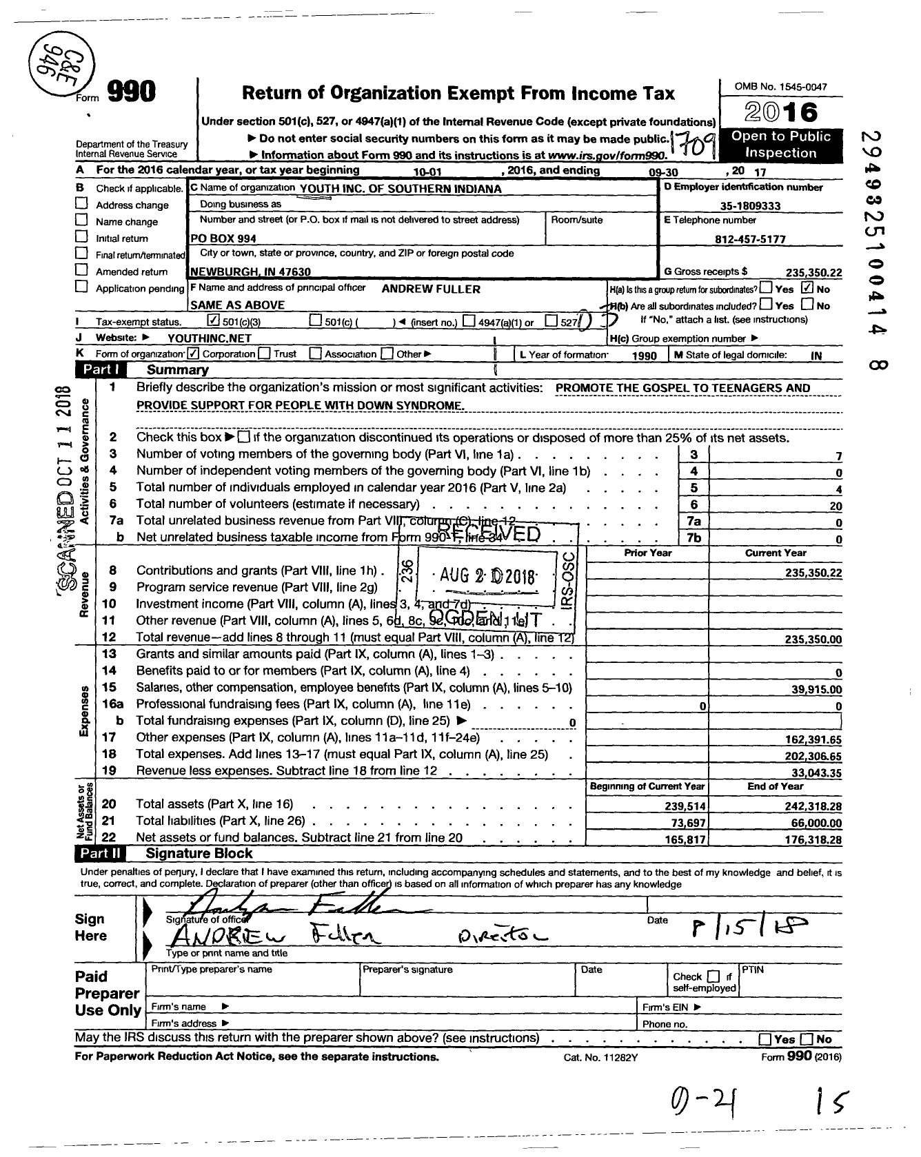 Image of first page of 2016 Form 990 for Youth of Southern Indiana