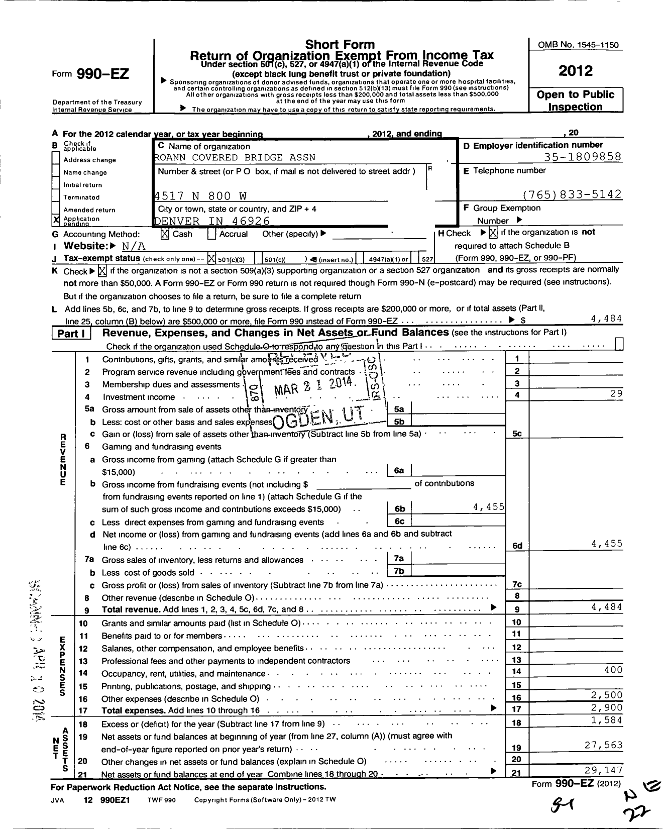 Image of first page of 2012 Form 990EZ for Roann Covered Bridge Association