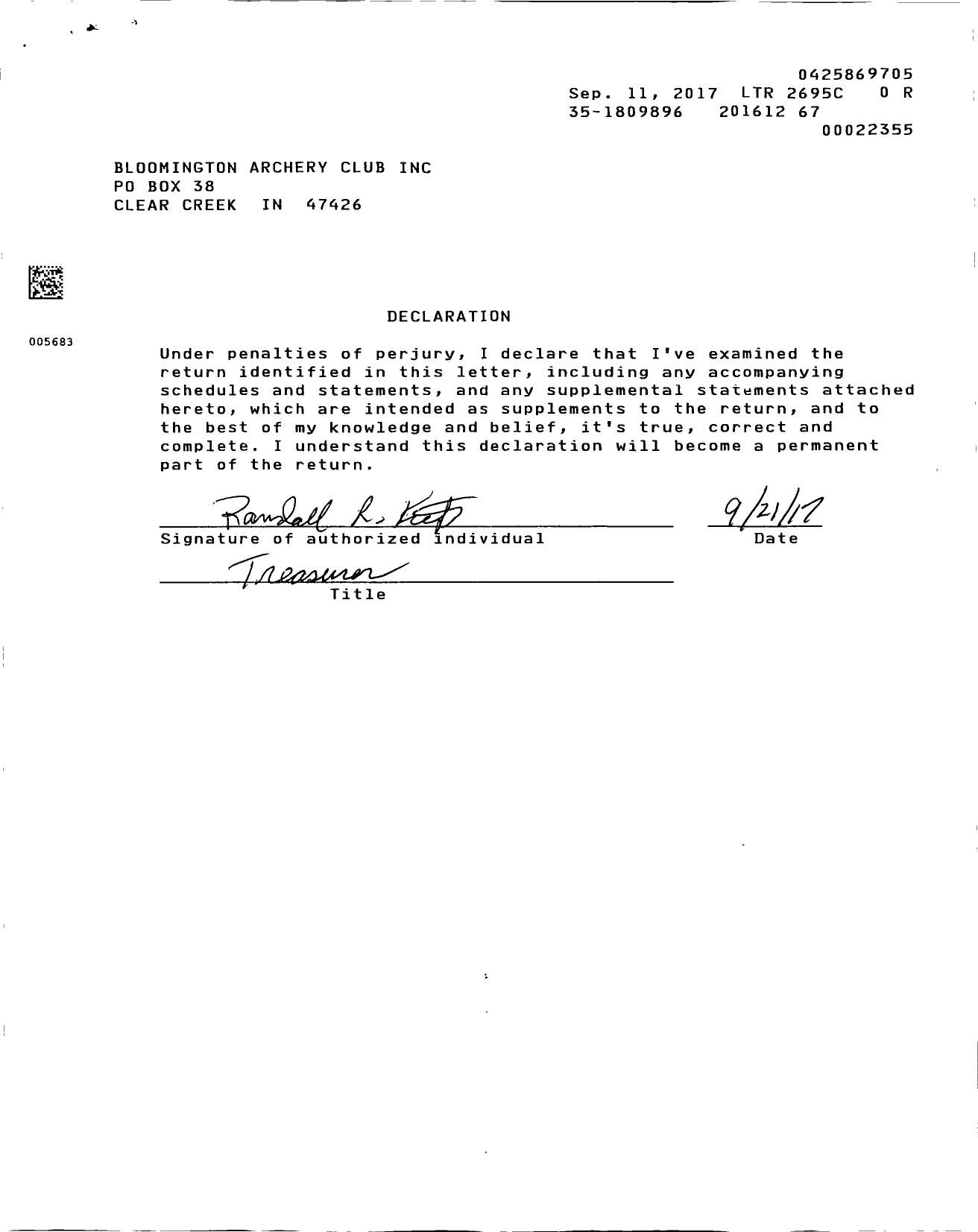 Image of first page of 2016 Form 990ER for Bloomington Archery Club Incorporated