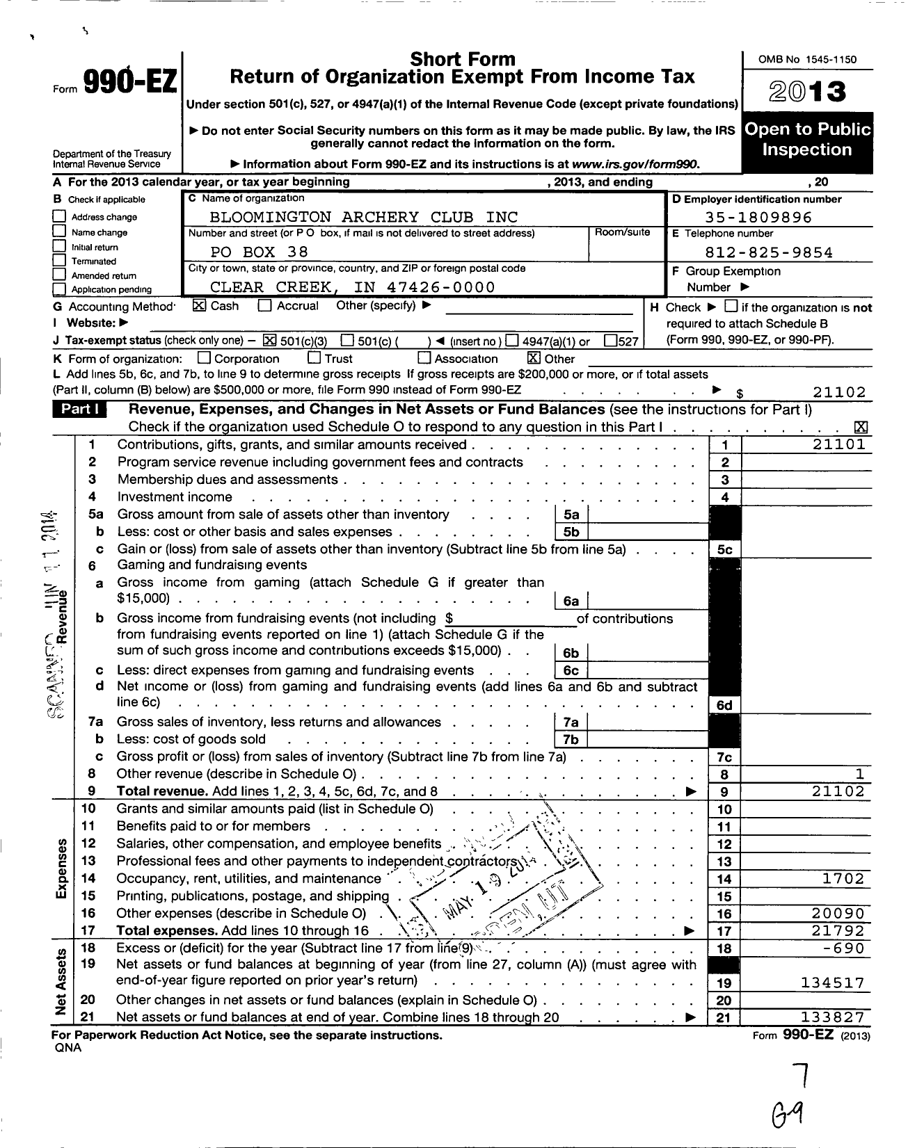 Image of first page of 2013 Form 990EZ for Bloomington Archery Club Incorporated