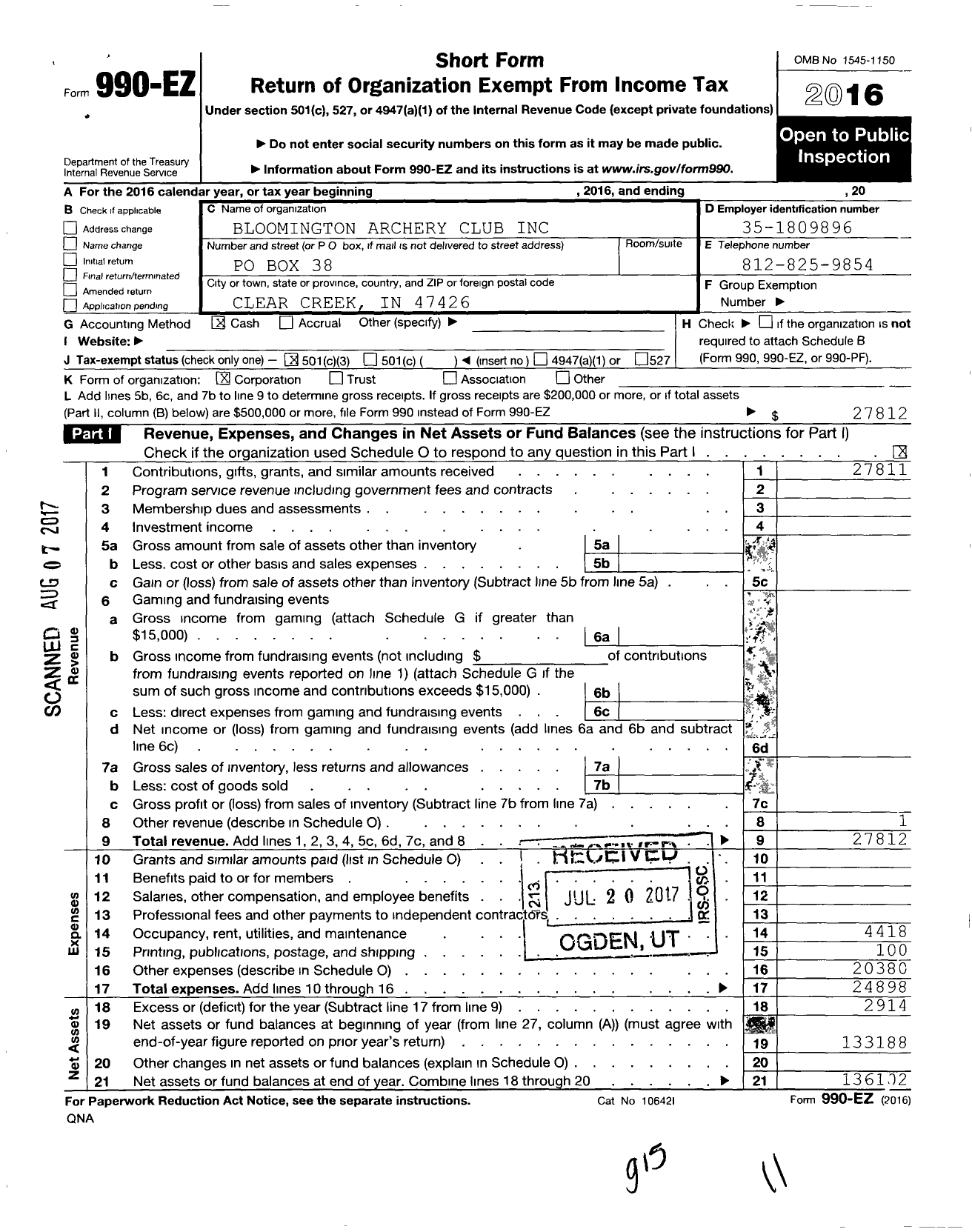 Image of first page of 2016 Form 990EZ for Bloomington Archery Club Incorporated