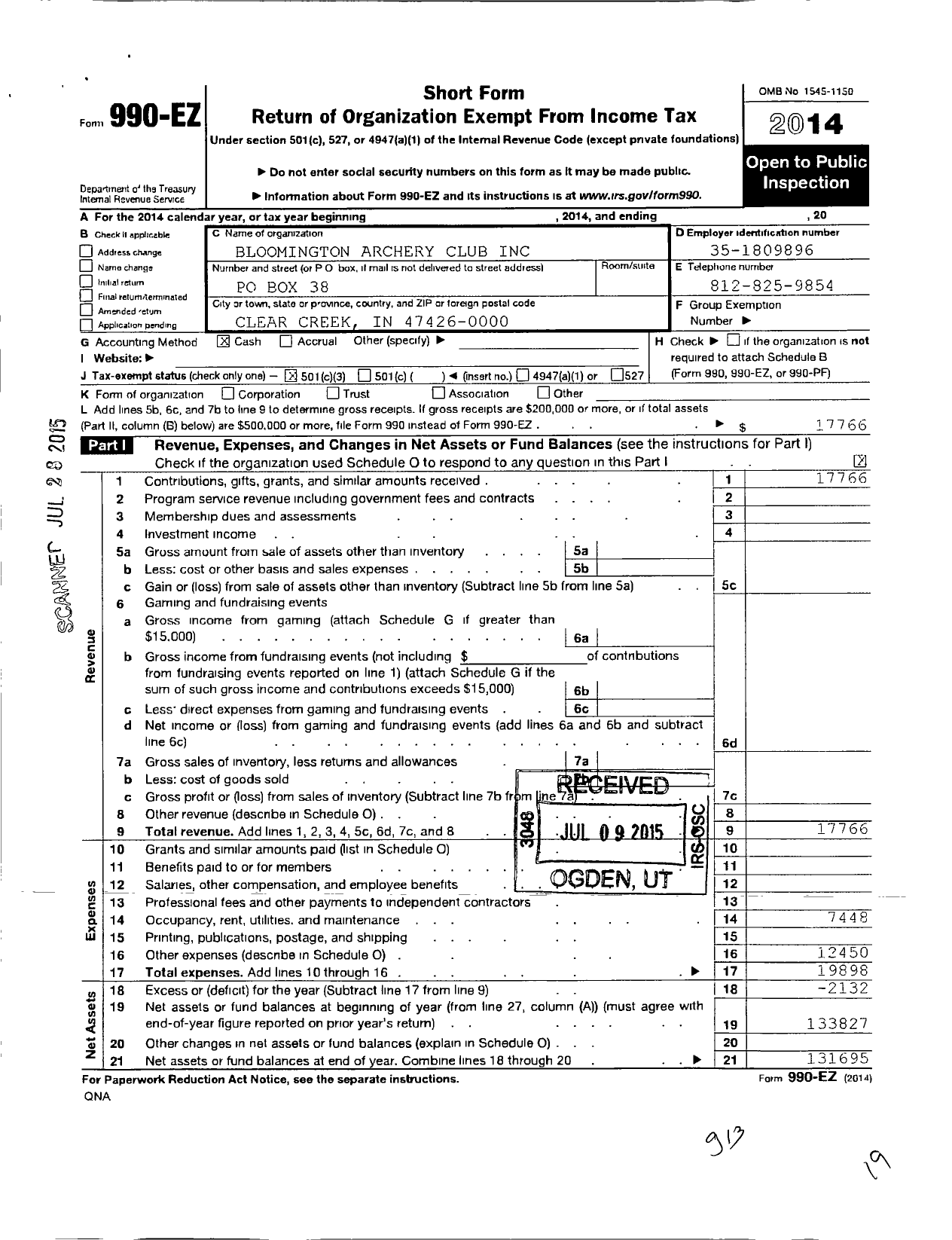 Image of first page of 2014 Form 990EZ for Bloomington Archery Club Incorporated