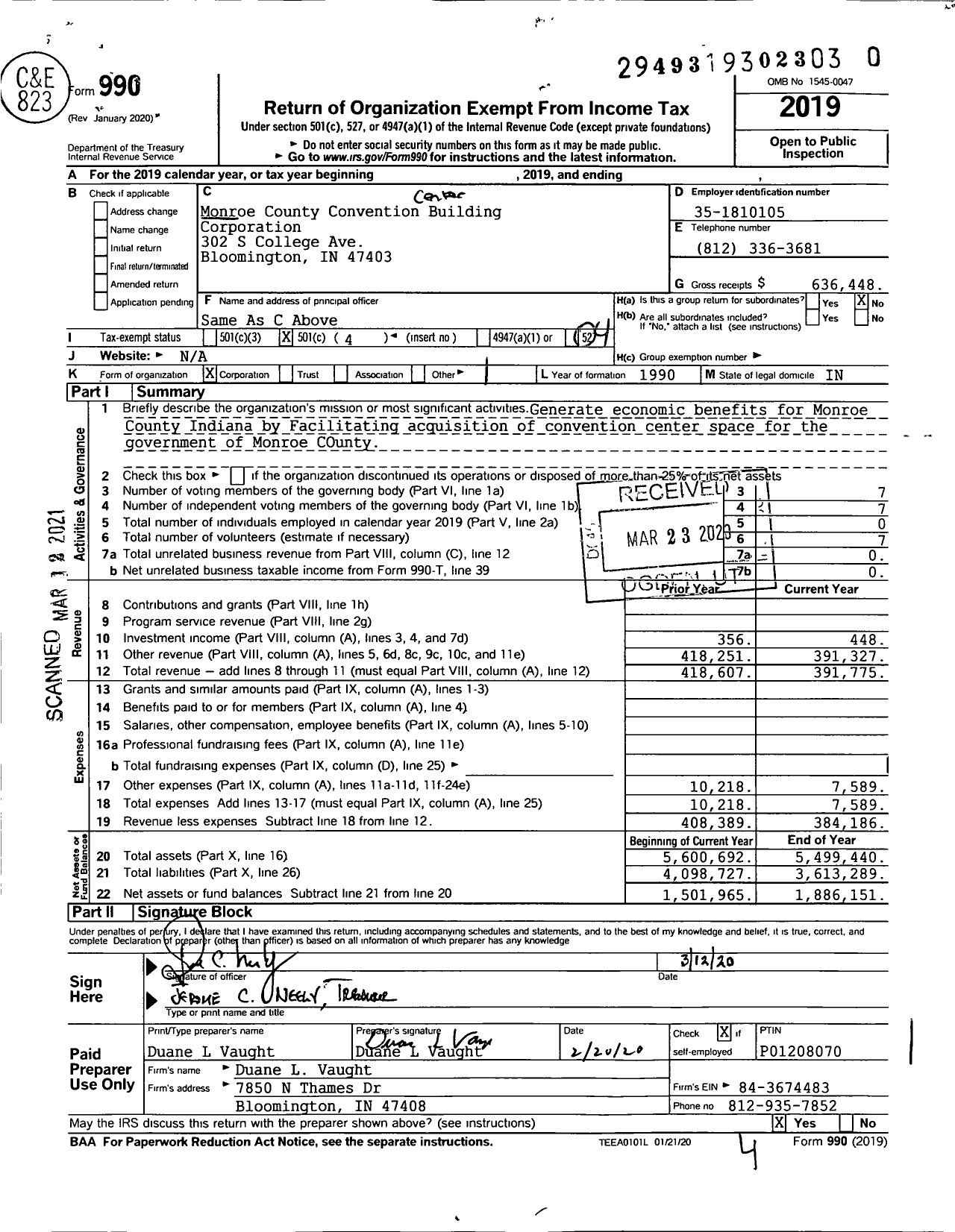 Image of first page of 2019 Form 990O for Monroe County Convention Building Corporation