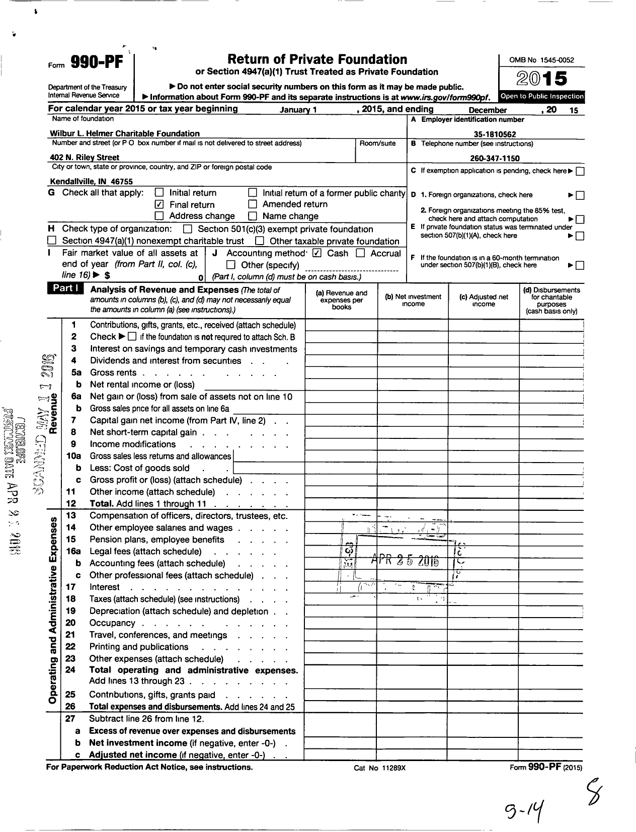 Image of first page of 2015 Form 990PF for Wilbur L Helmer Charitable Foundation