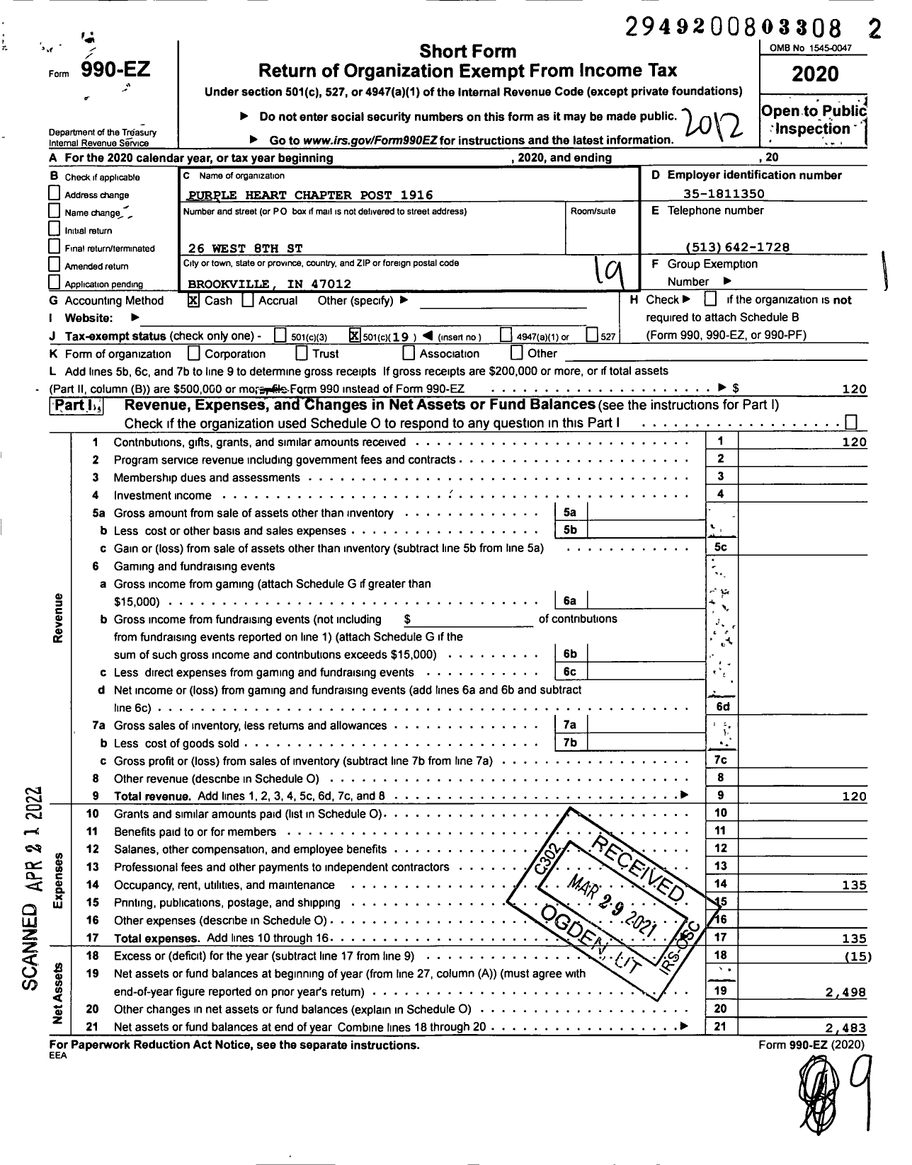 Image of first page of 2020 Form 990EO for Military Order of the Purple Heart - 1916 Chapter