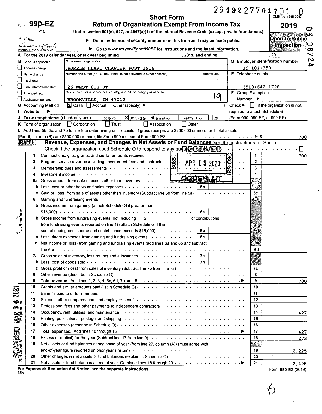 Image of first page of 2019 Form 990EO for Military Order of the Purple Heart - 1916 Chapter