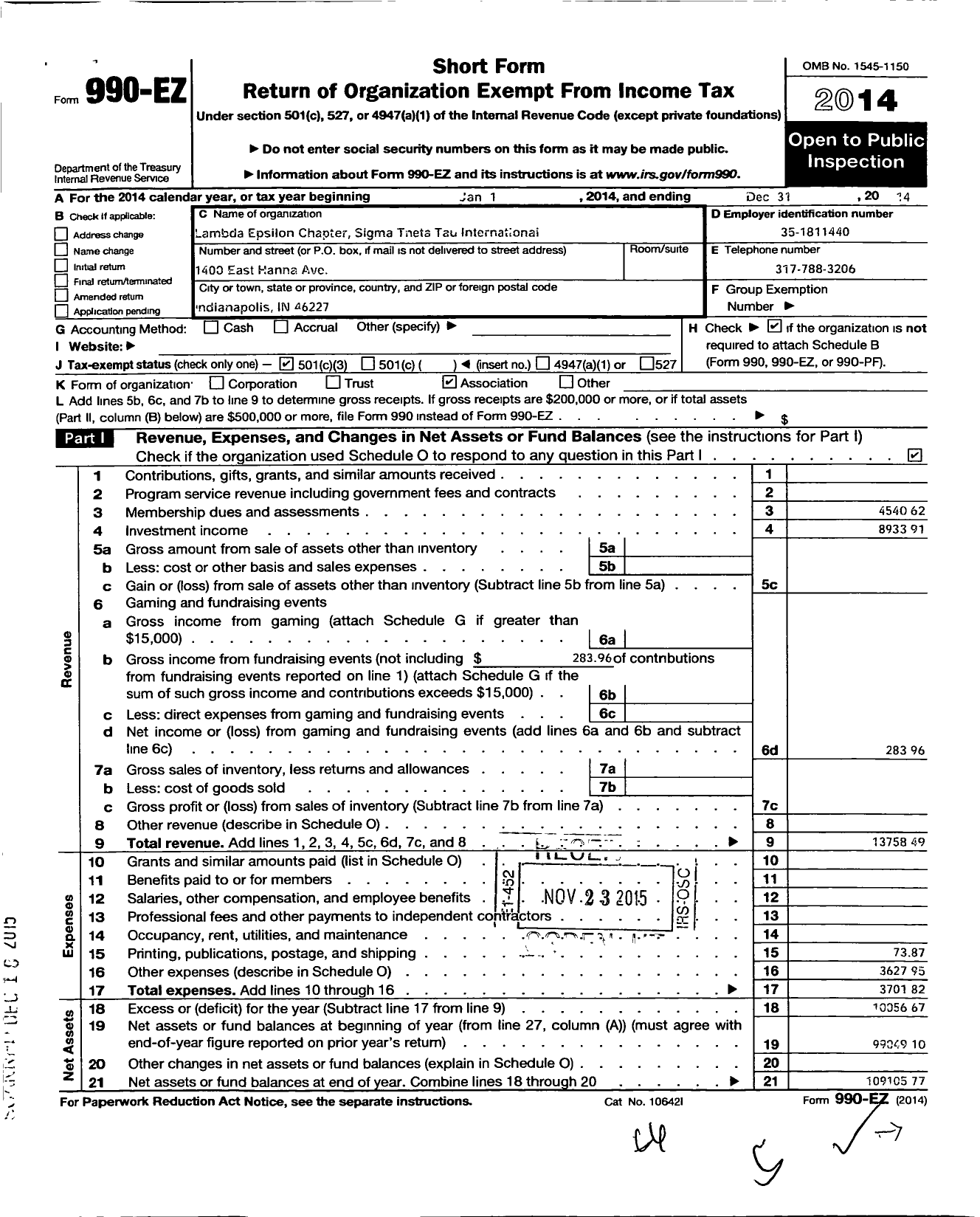 Image of first page of 2014 Form 990EZ for Sigma Theta Tau - 267 Lambda Epsilon Chapter