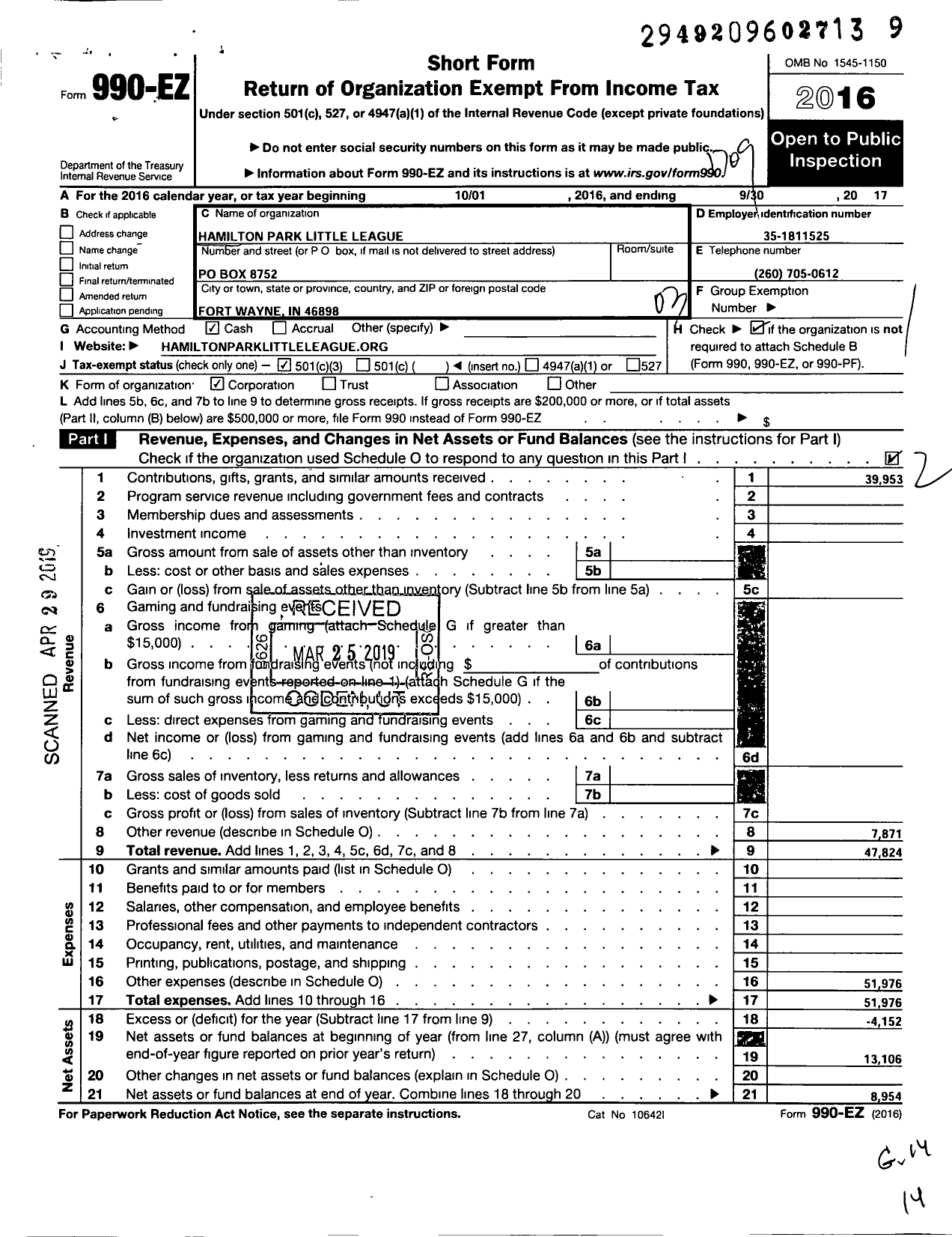 Image of first page of 2016 Form 990EZ for Little League Baseball - 1141005 Hamilton Park LL