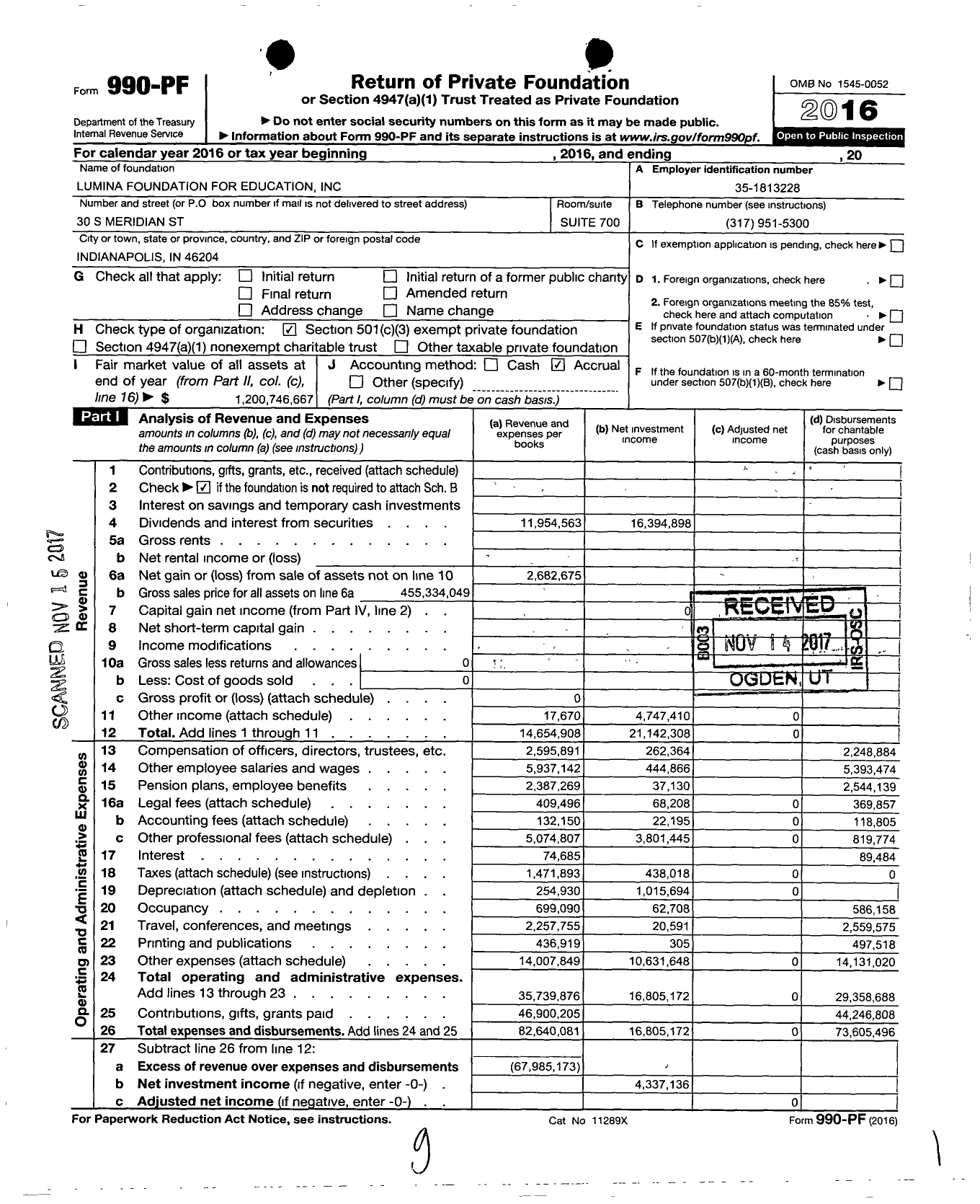 Image of first page of 2016 Form 990PF for Lumina Foundation