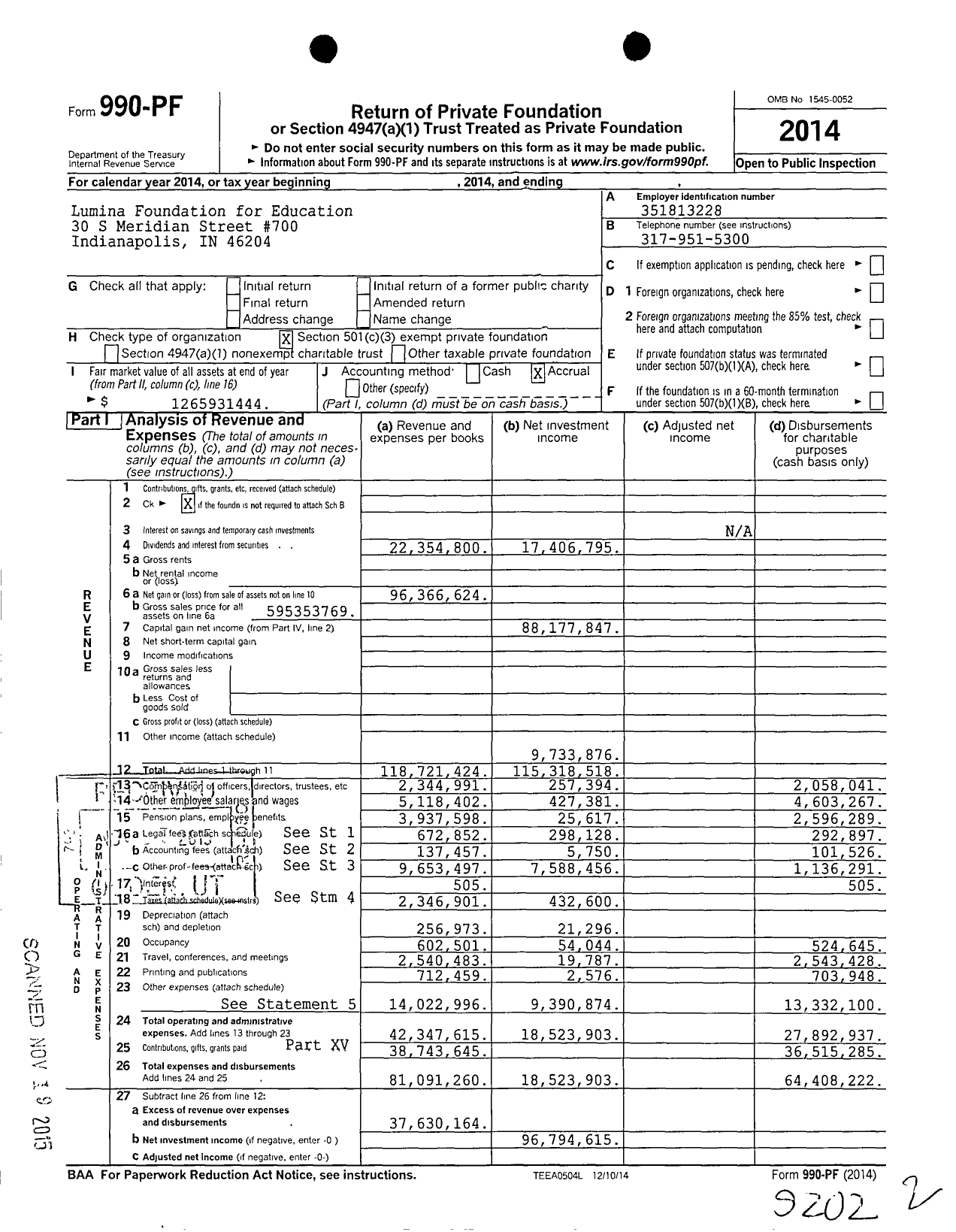 Image of first page of 2014 Form 990PF for Lumina Foundation