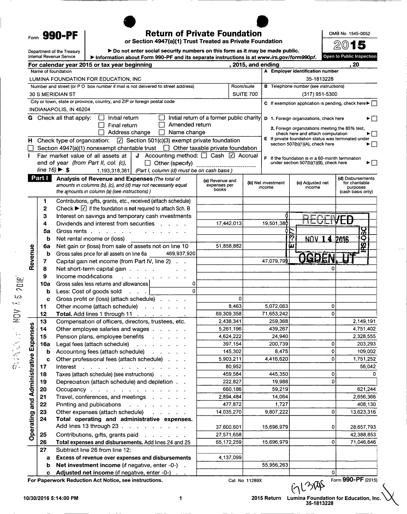 Image of first page of 2015 Form 990PF for Lumina Foundation