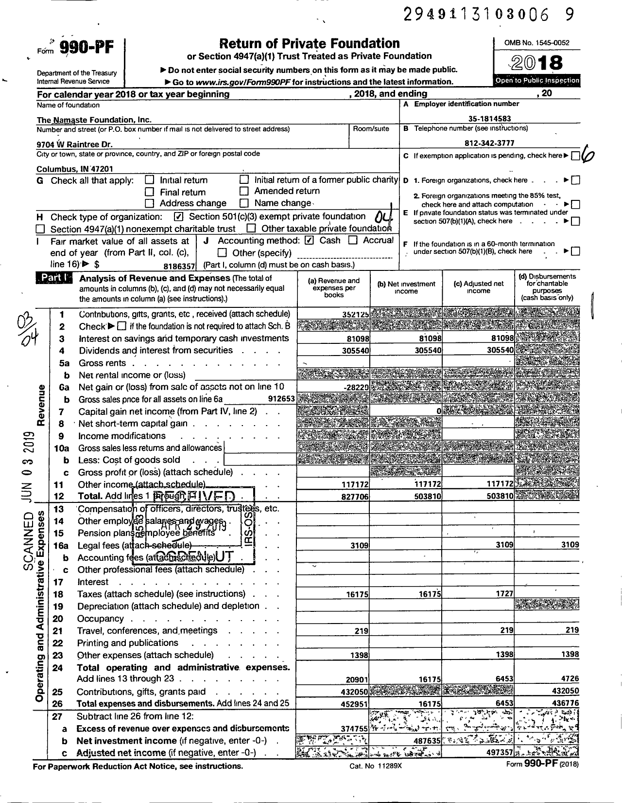 Image of first page of 2018 Form 990PF for The Namaste Foundation