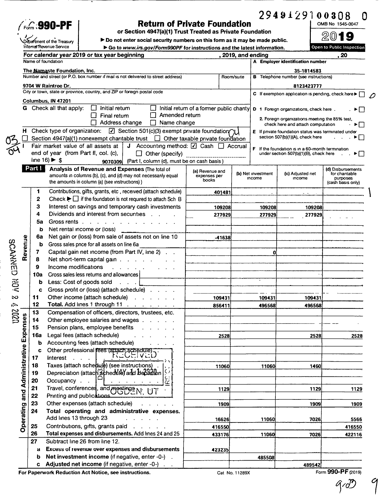 Image of first page of 2019 Form 990PF for The Namaste Foundation