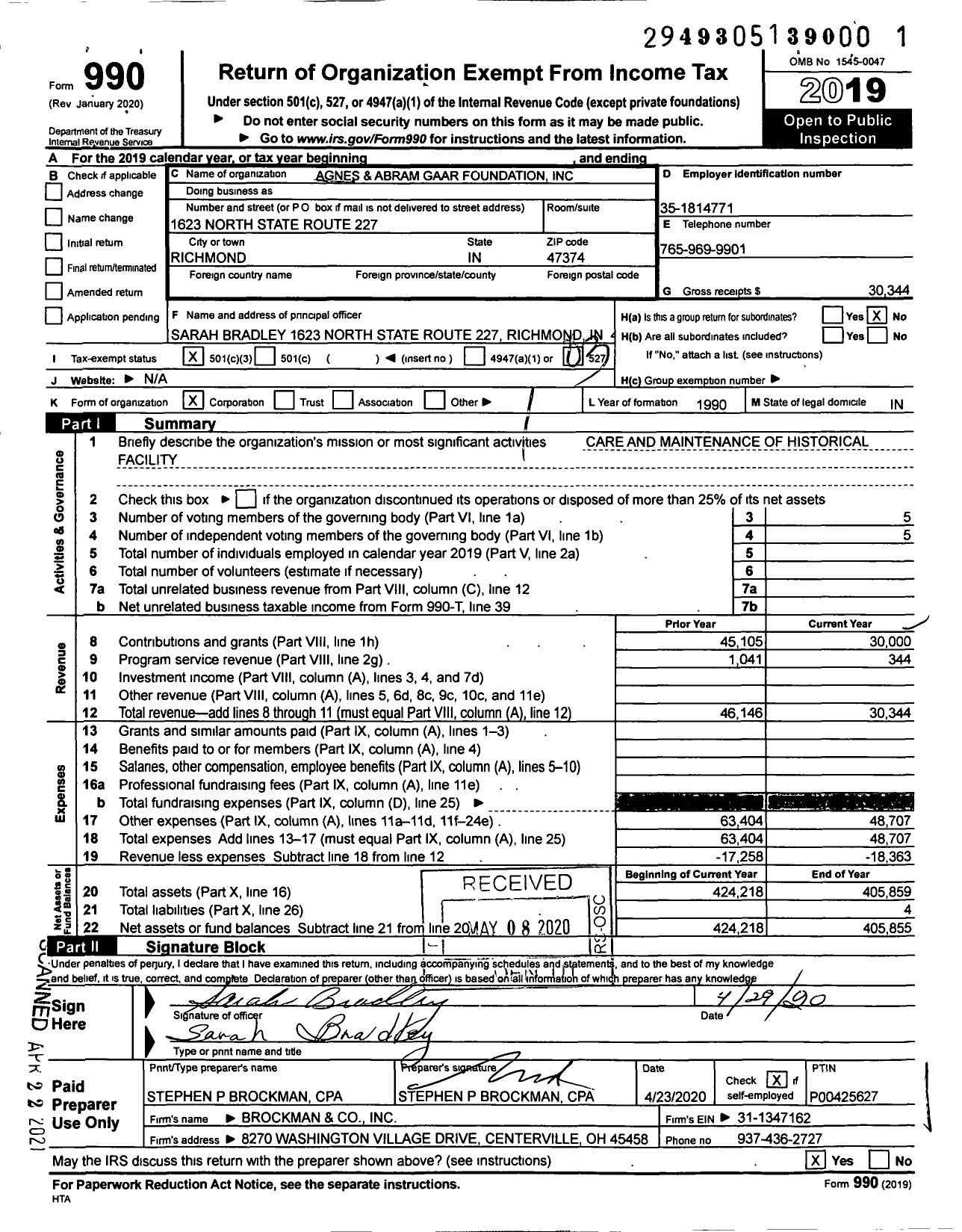 Image of first page of 2019 Form 990 for Agnes and Abram Gaar Foundation