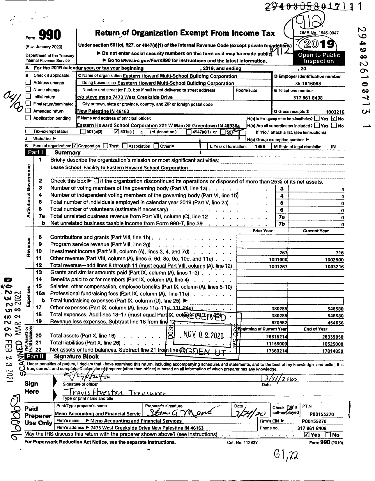 Image of first page of 2019 Form 990O for Eastern Howard Multi School Bldg Corporation