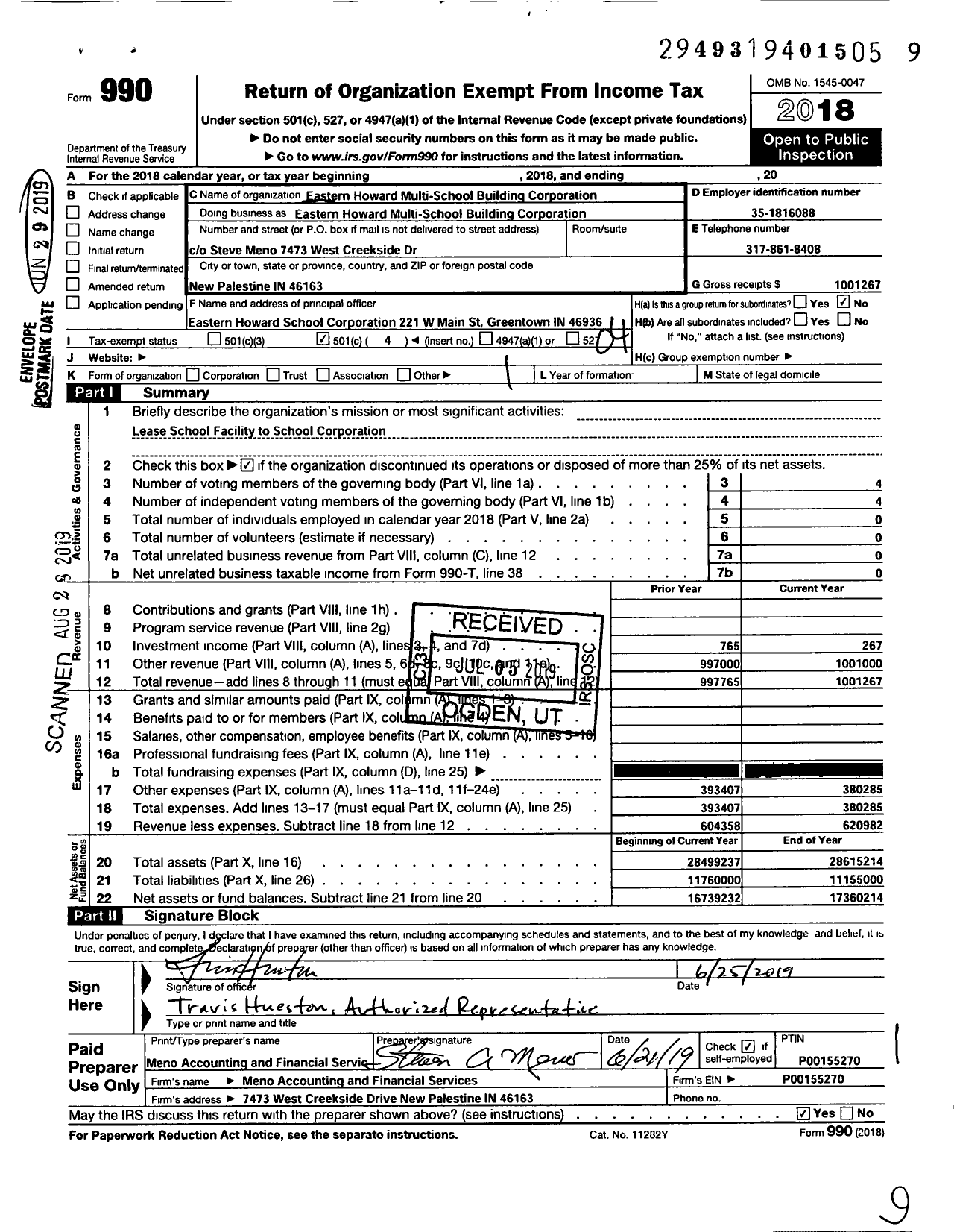 Image of first page of 2018 Form 990O for Eastern Howard Multi School Bldg Corporation