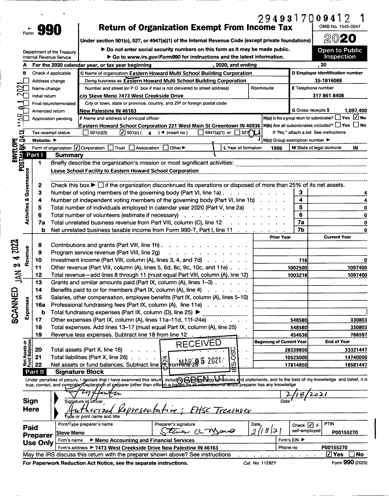 Image of first page of 2020 Form 990O for Eastern Howard Multi School Bldg Corporation