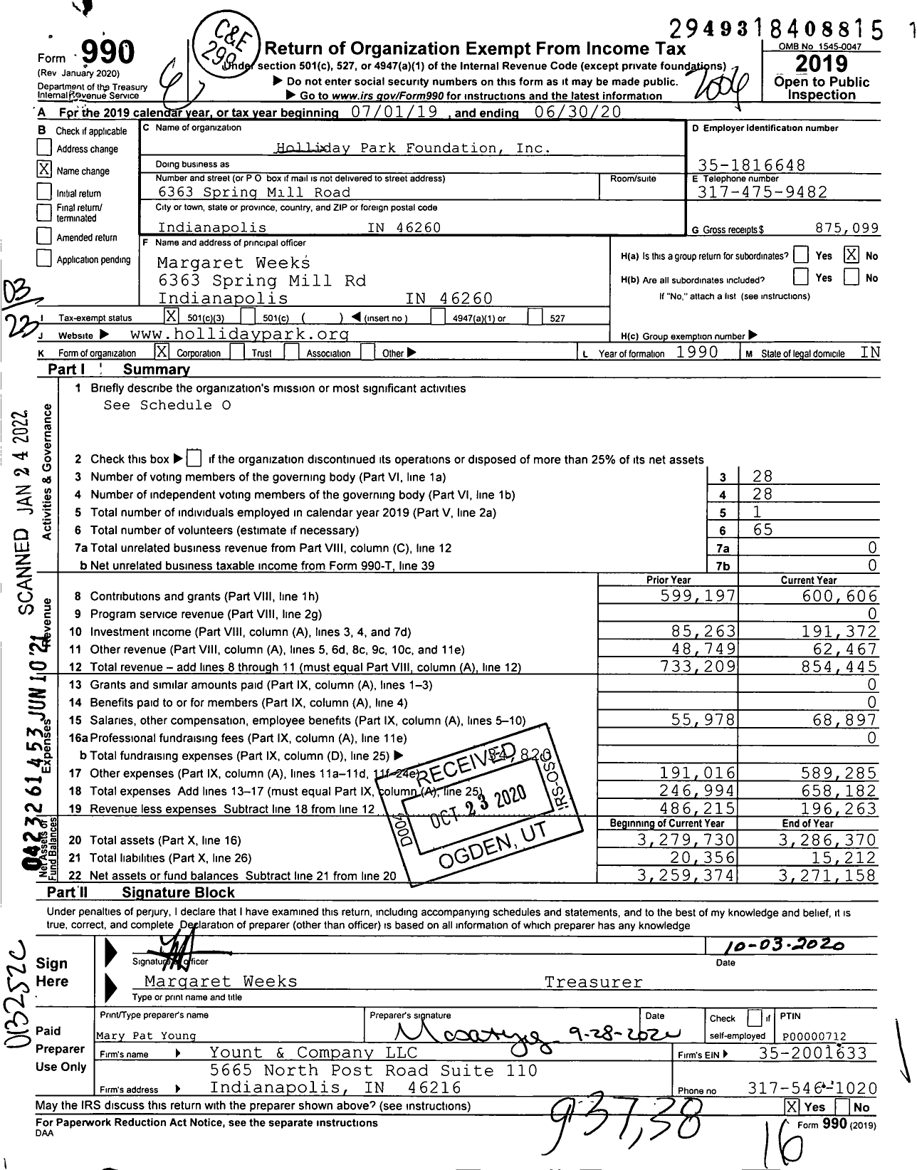 Image of first page of 2019 Form 990 for Holliday Park Foundation