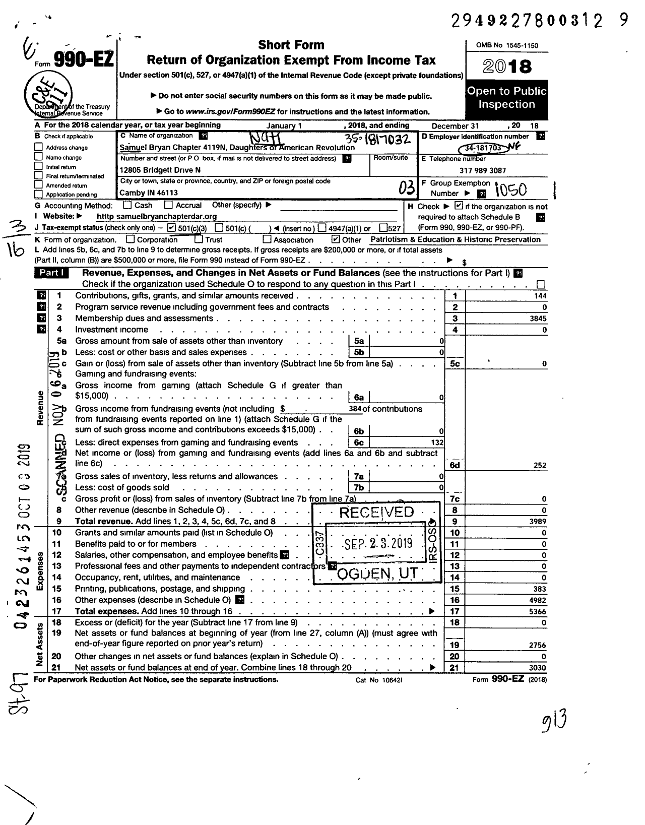 Image of first page of 2018 Form 990EZ for National Society of the Daughters of the American Revolution