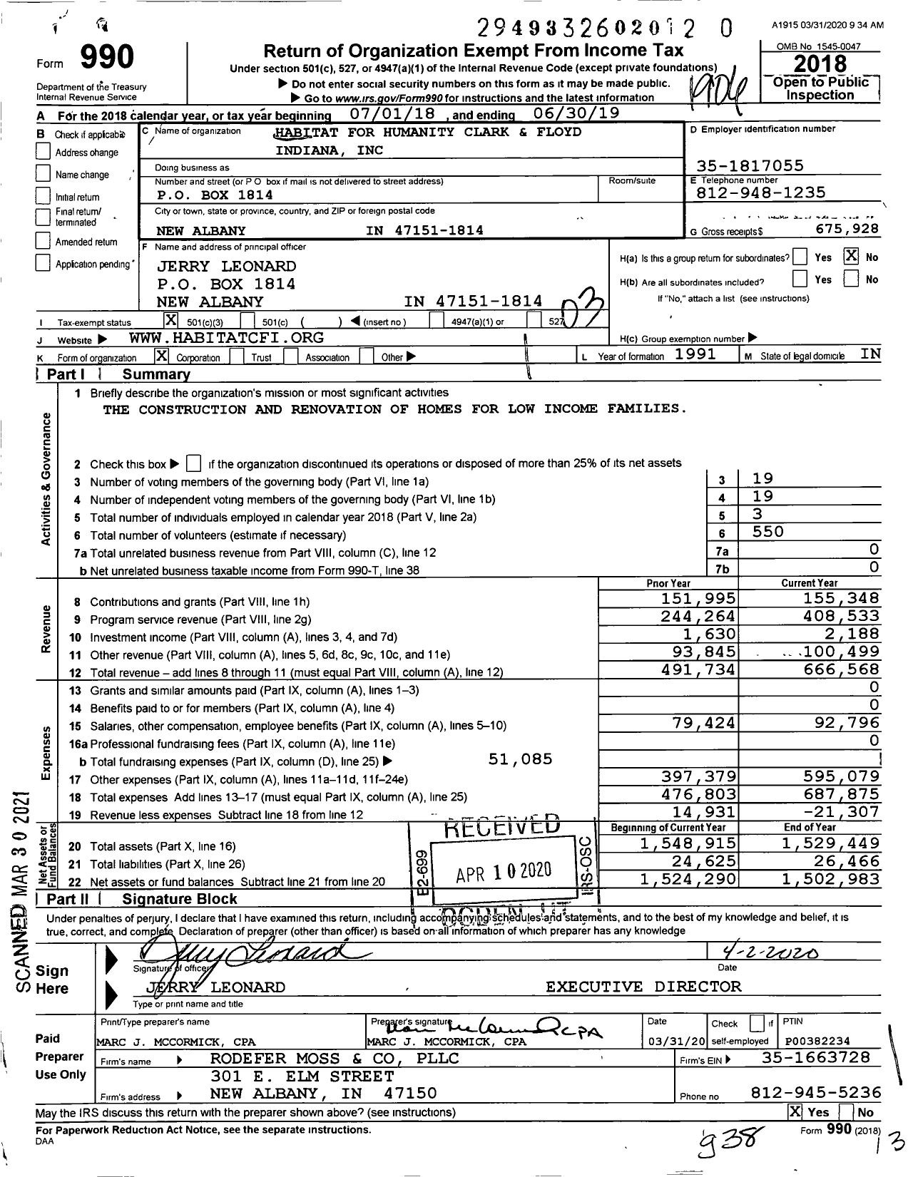 Image of first page of 2018 Form 990 for New Albany-Floyd Habitat for Humanity