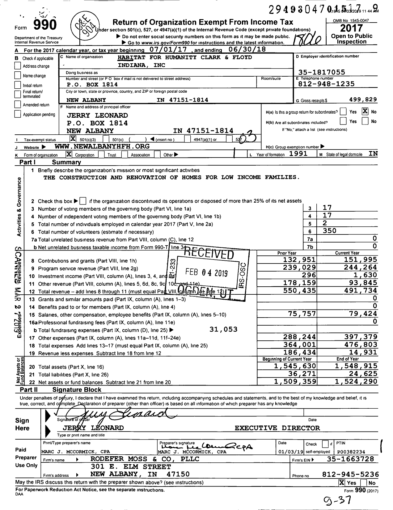 Image of first page of 2017 Form 990 for New Albany-Floyd Habitat for Humanity