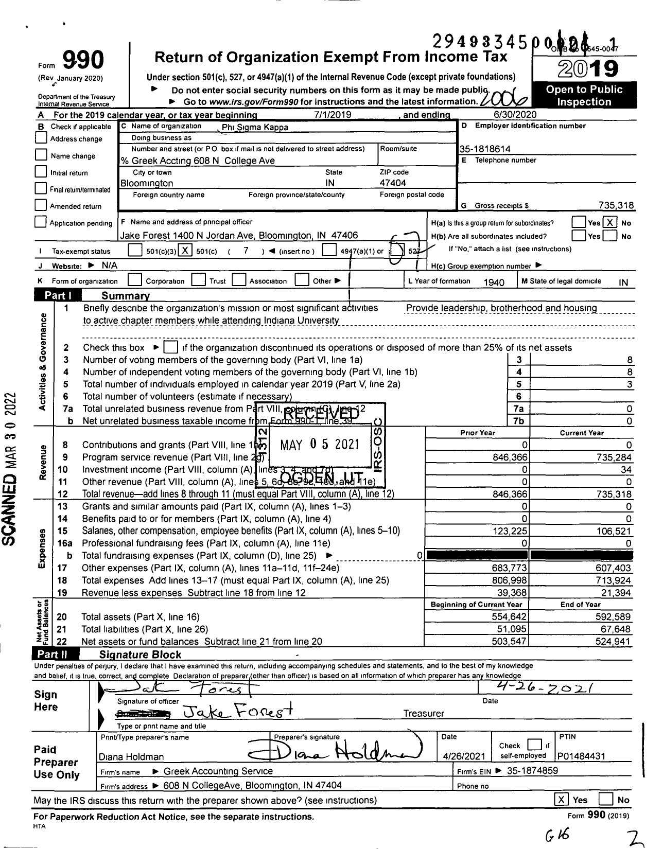 Image of first page of 2019 Form 990O for Phi Sigma Kappa - 166 Sigma Triton Chapter