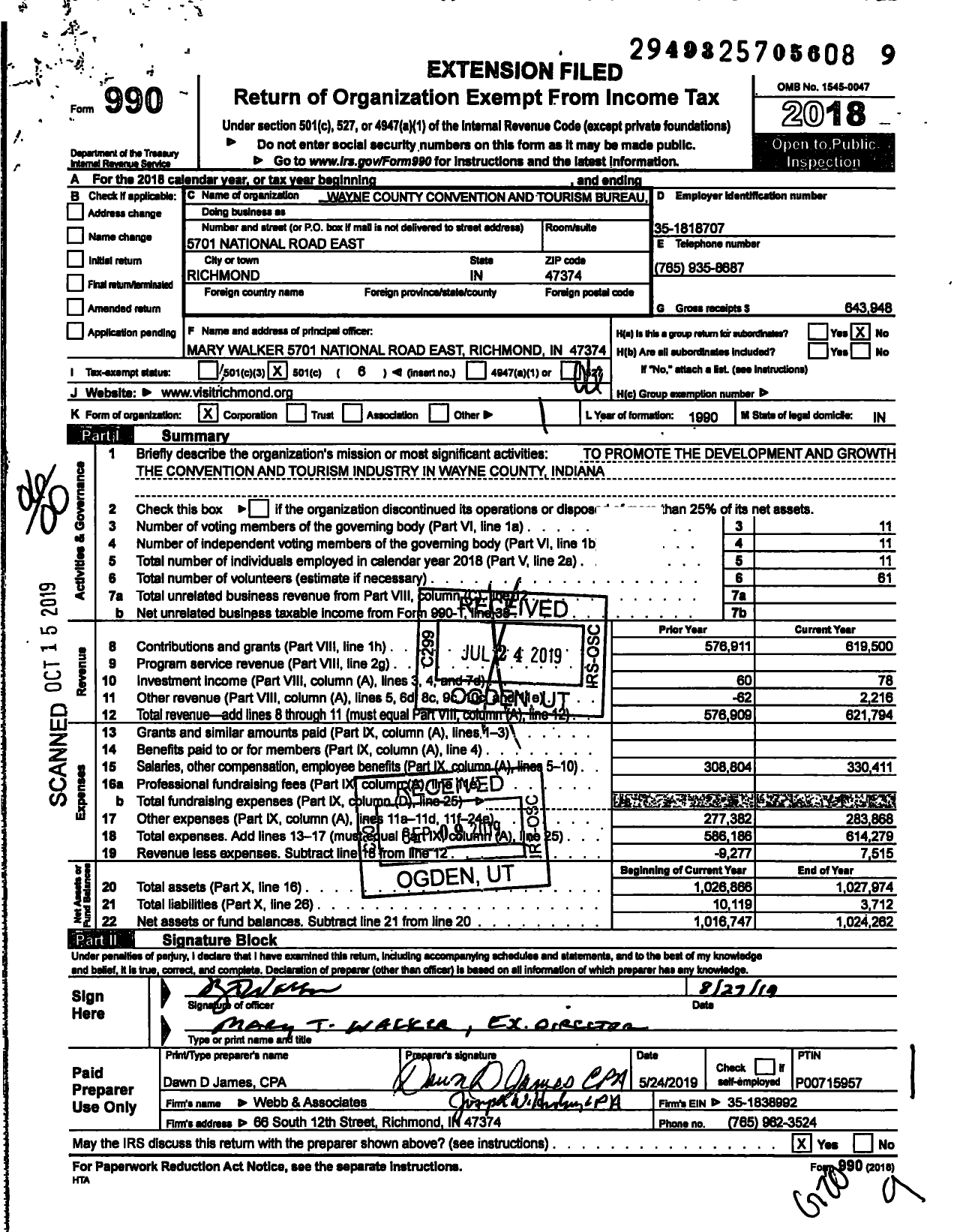 Image of first page of 2018 Form 990O for Wayne County Convention and Tourism Bureau