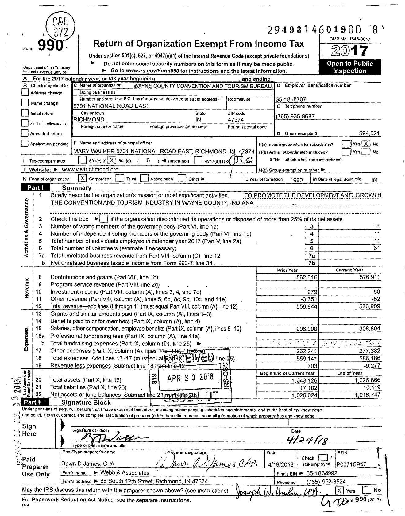 Image of first page of 2017 Form 990O for Wayne County Convention and Tourism Bureau