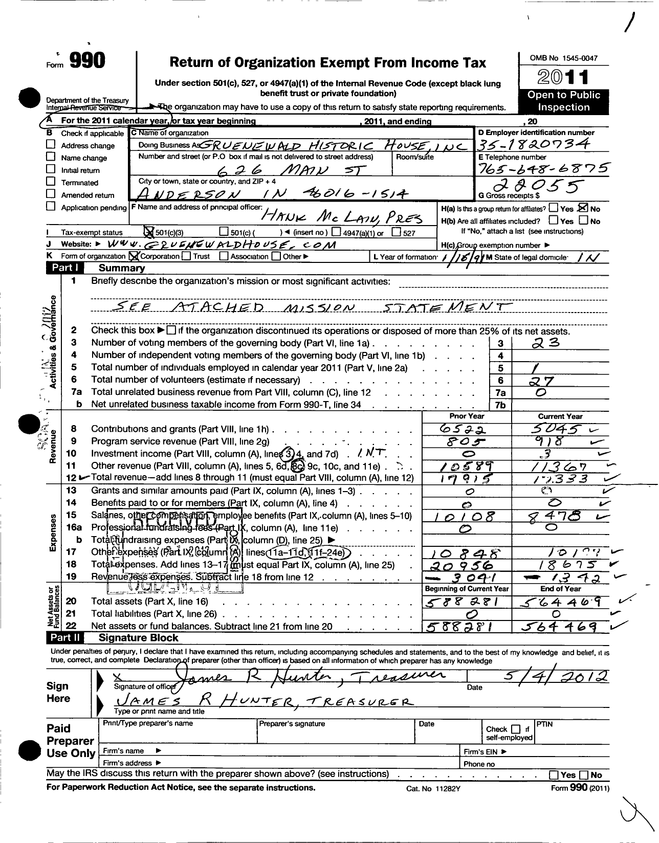 Image of first page of 2011 Form 990 for Gruenewald Historic House