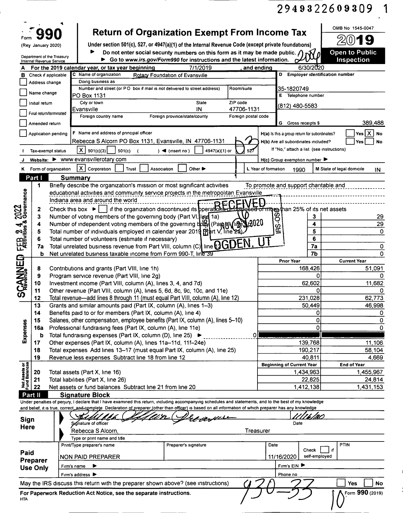 Image of first page of 2019 Form 990 for Rotary Foundation of Evansville