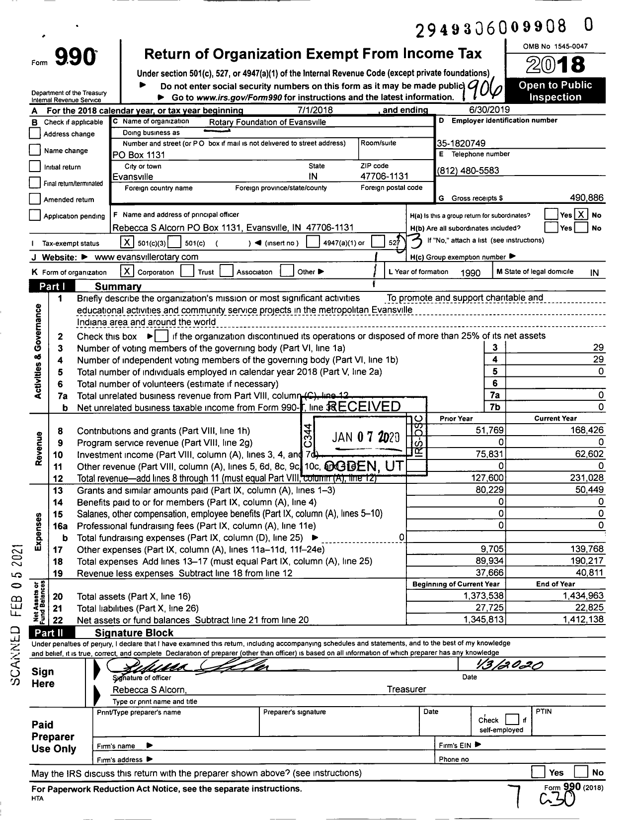 Image of first page of 2018 Form 990 for Rotary Foundation of Evansville