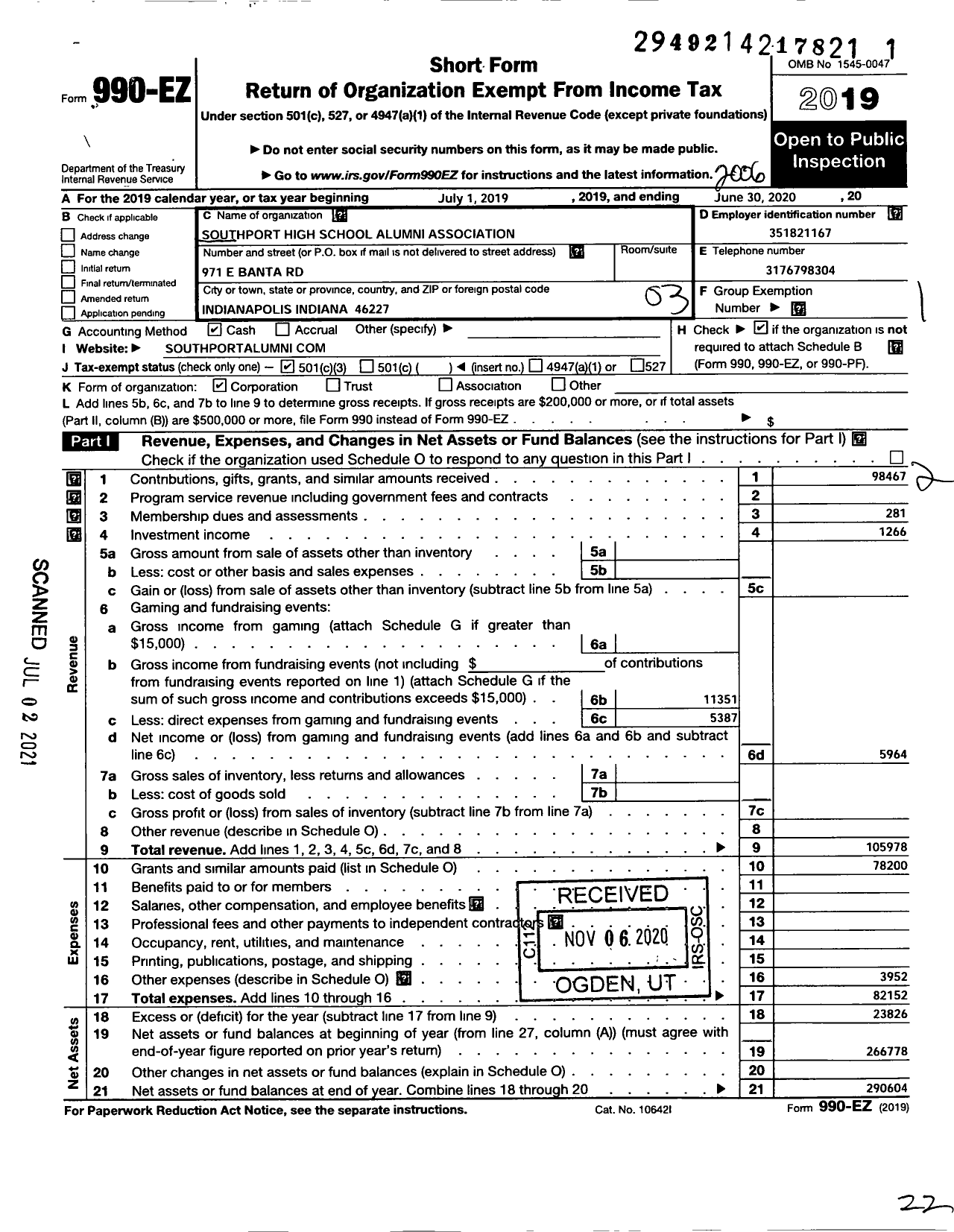 Image of first page of 2019 Form 990EZ for Southport High School Alumni Association